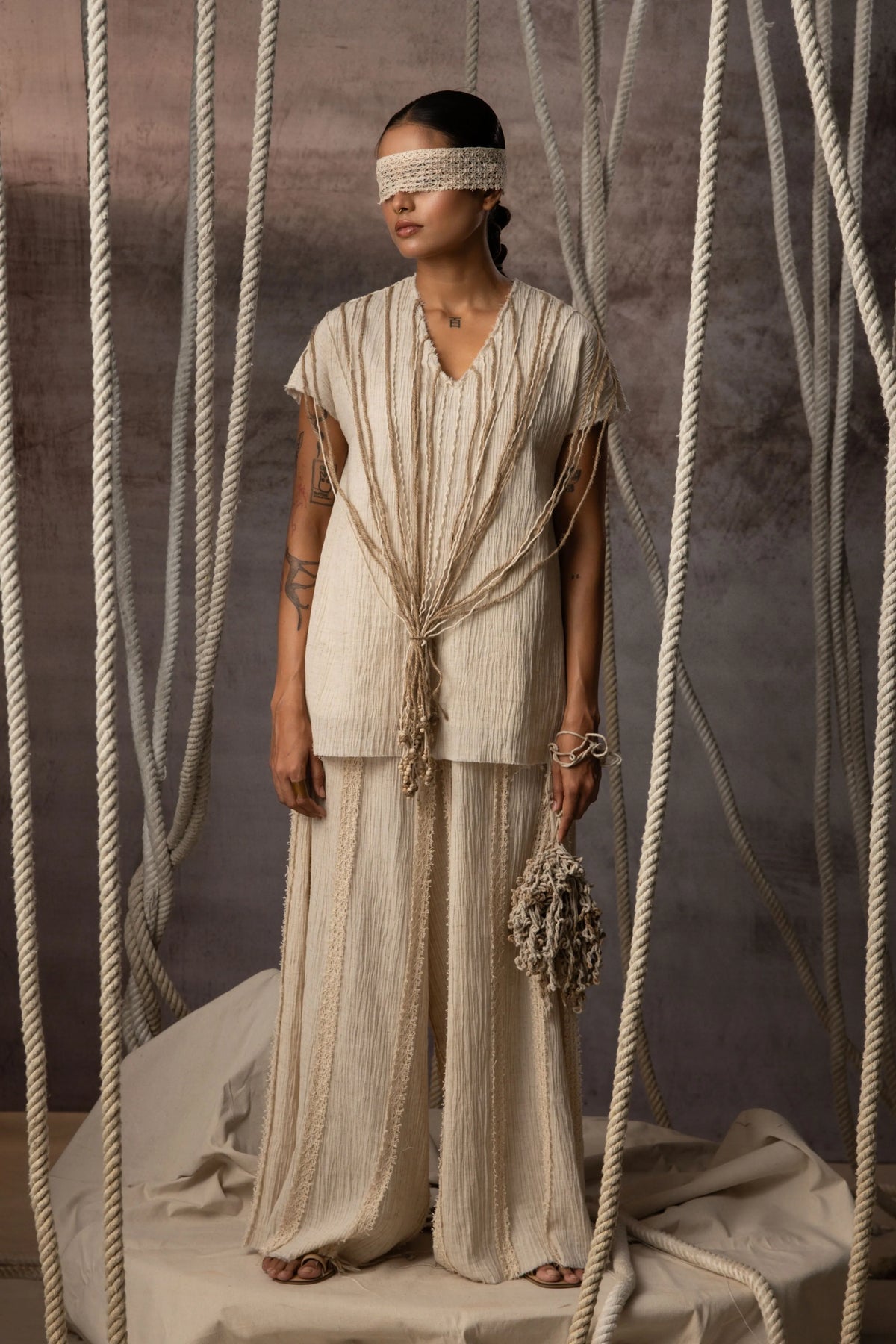 Ivory Crushed Cotton Net Trousers