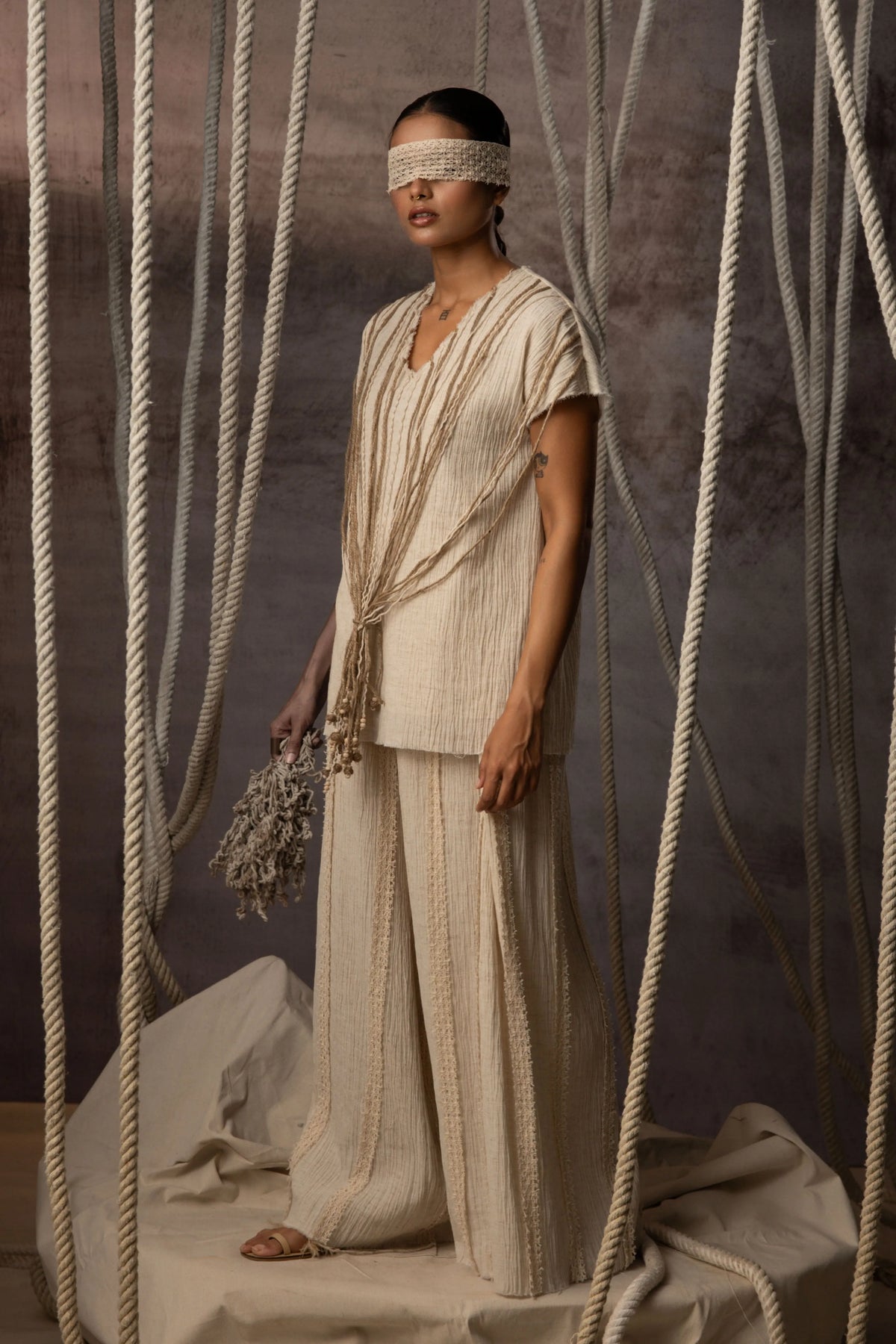 Ivory Crushed Cotton Net Trousers