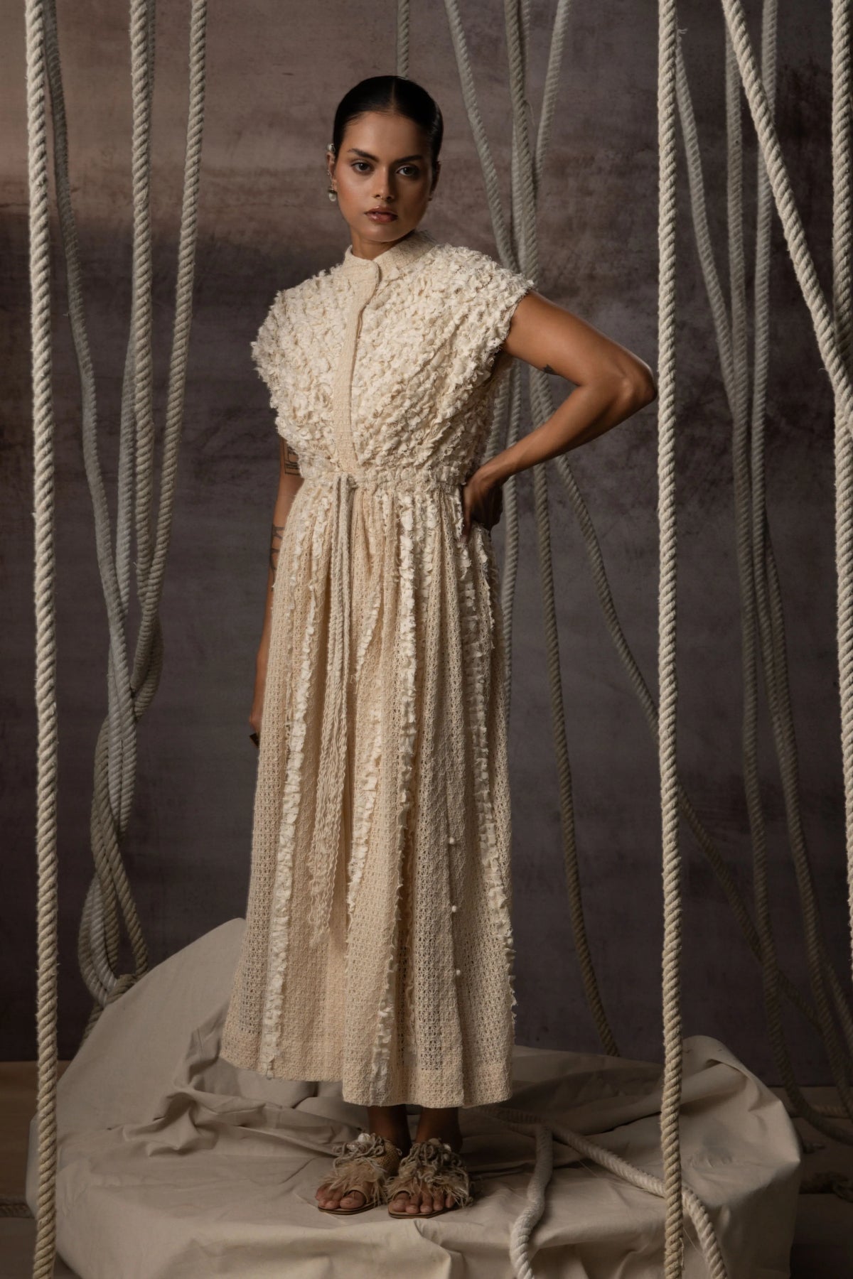 Ivory Lace Ruched Cotton Net Drawstring Dress