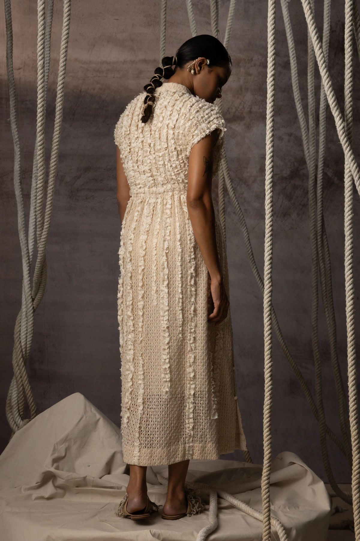 Ivory Lace Ruched Cotton Net Drawstring Dress