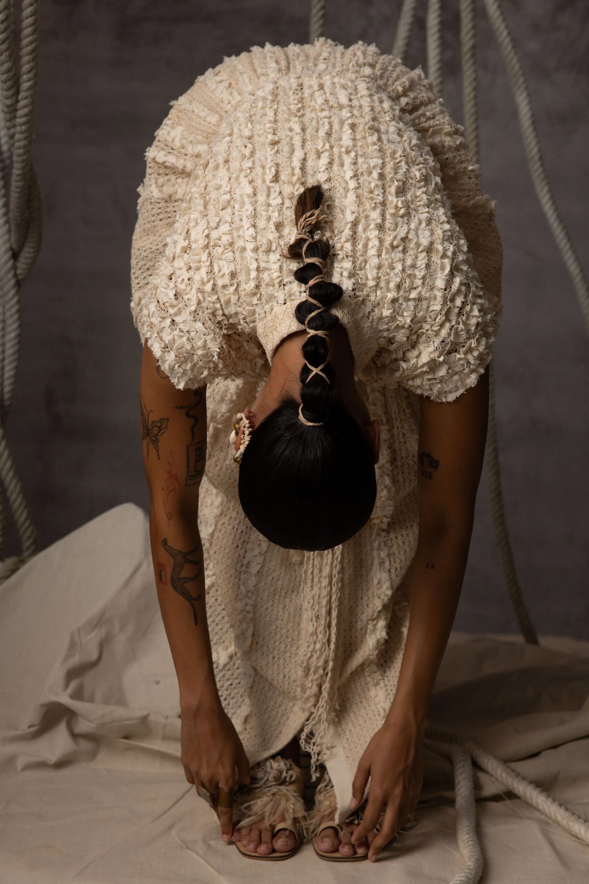 Ivory Lace Ruched Cotton Net Drawstring Dress