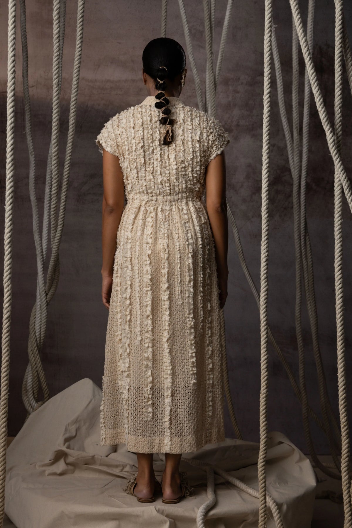 Ivory Lace Ruched Cotton Net Drawstring Dress
