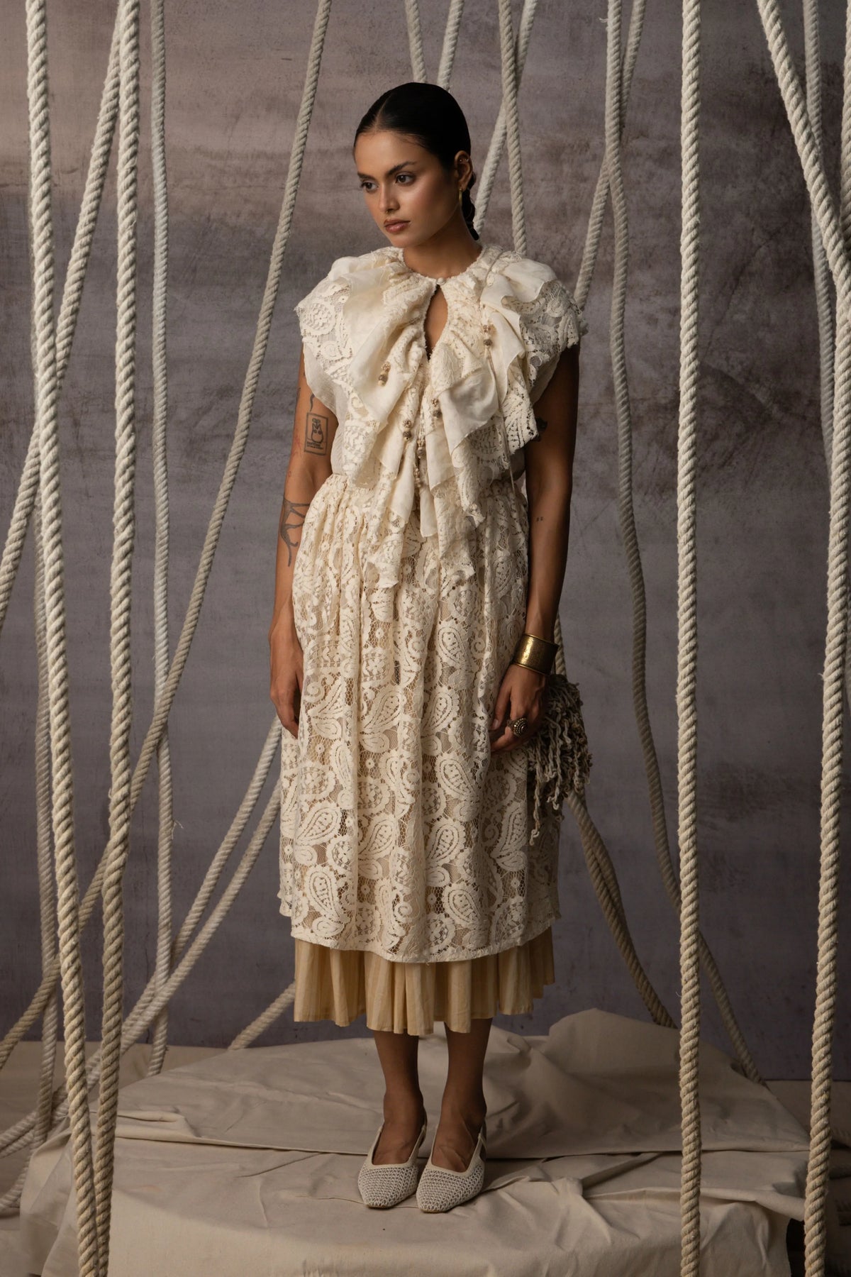 Ivory Lace Overlay Stripe Skirt