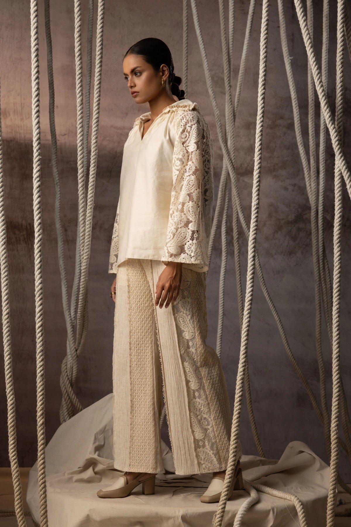 Ivory Khadi Silk Lace Hand Beaded Top