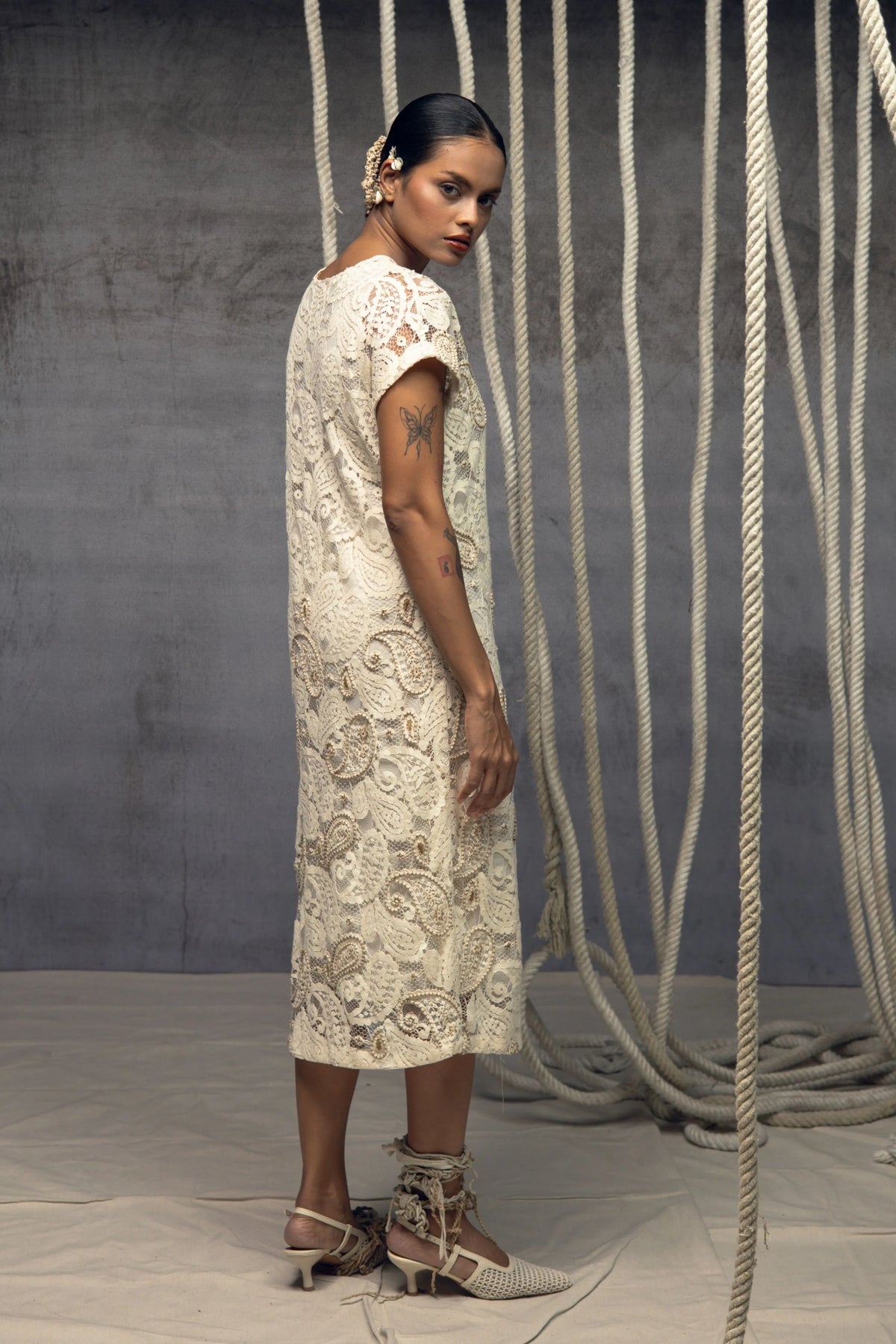 Ivory Paisley Lace Embroidered Midi Dress
