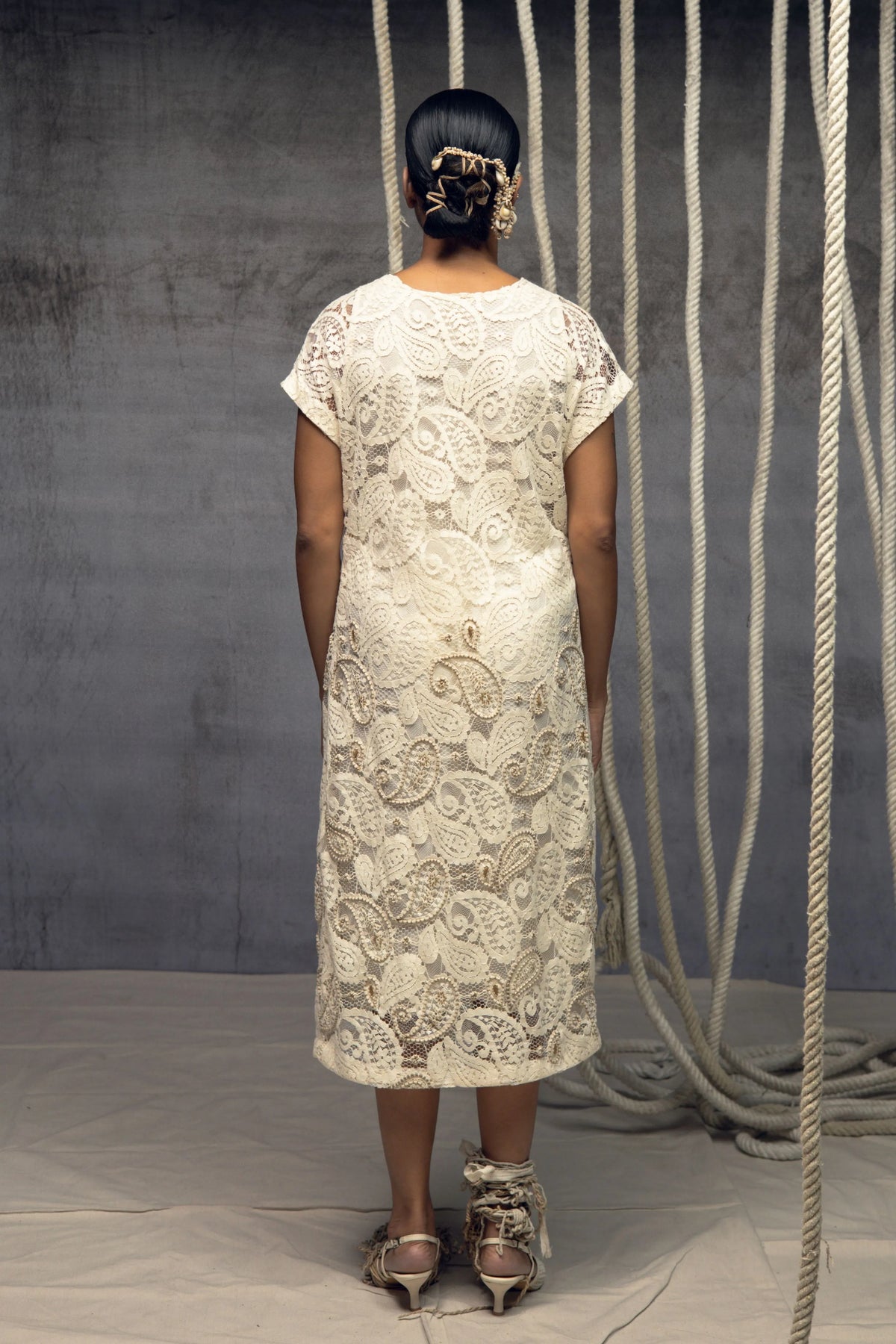 Ivory Paisley Lace Embroidered Midi Dress