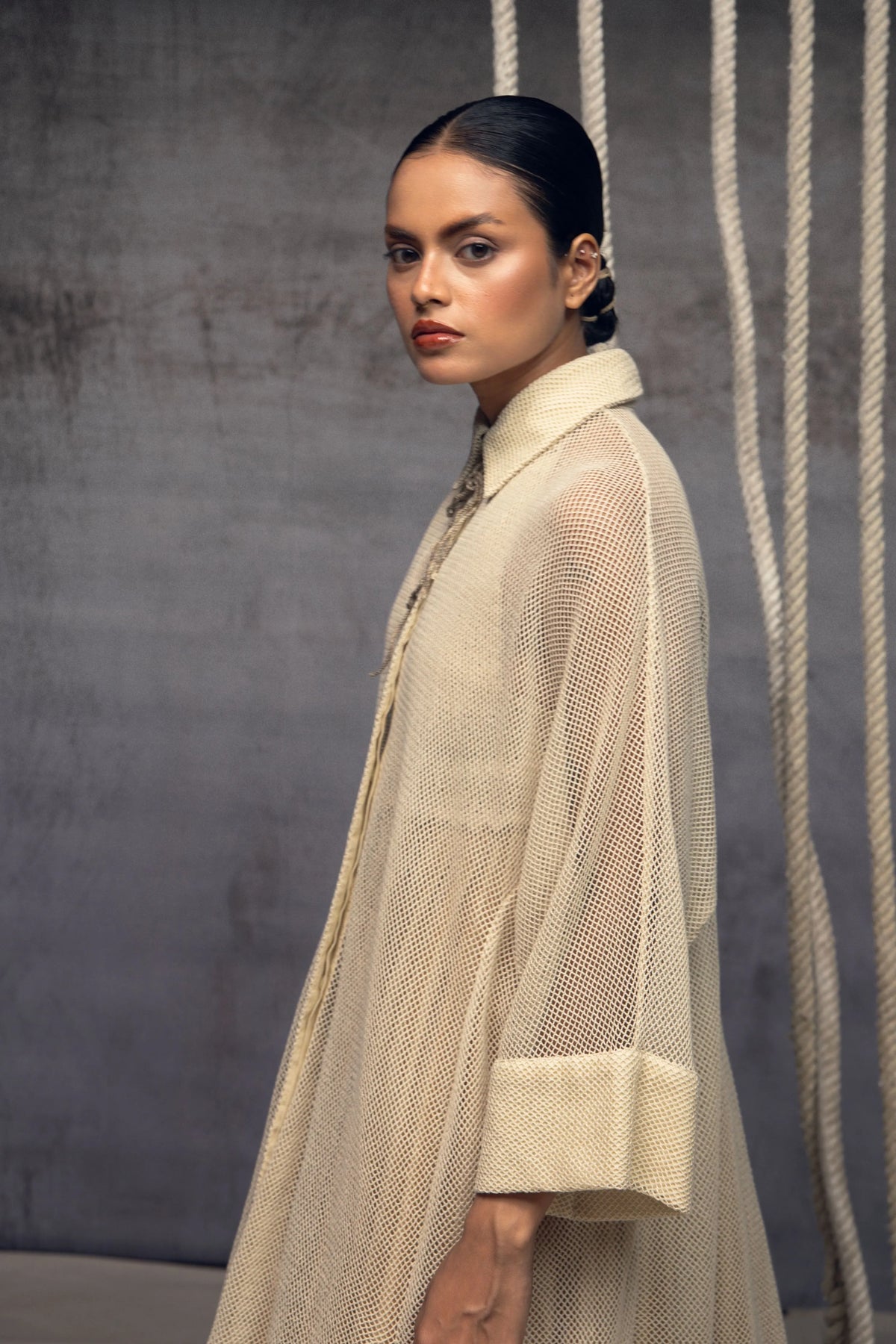 Ivory Open-Mesh Shirt Dress