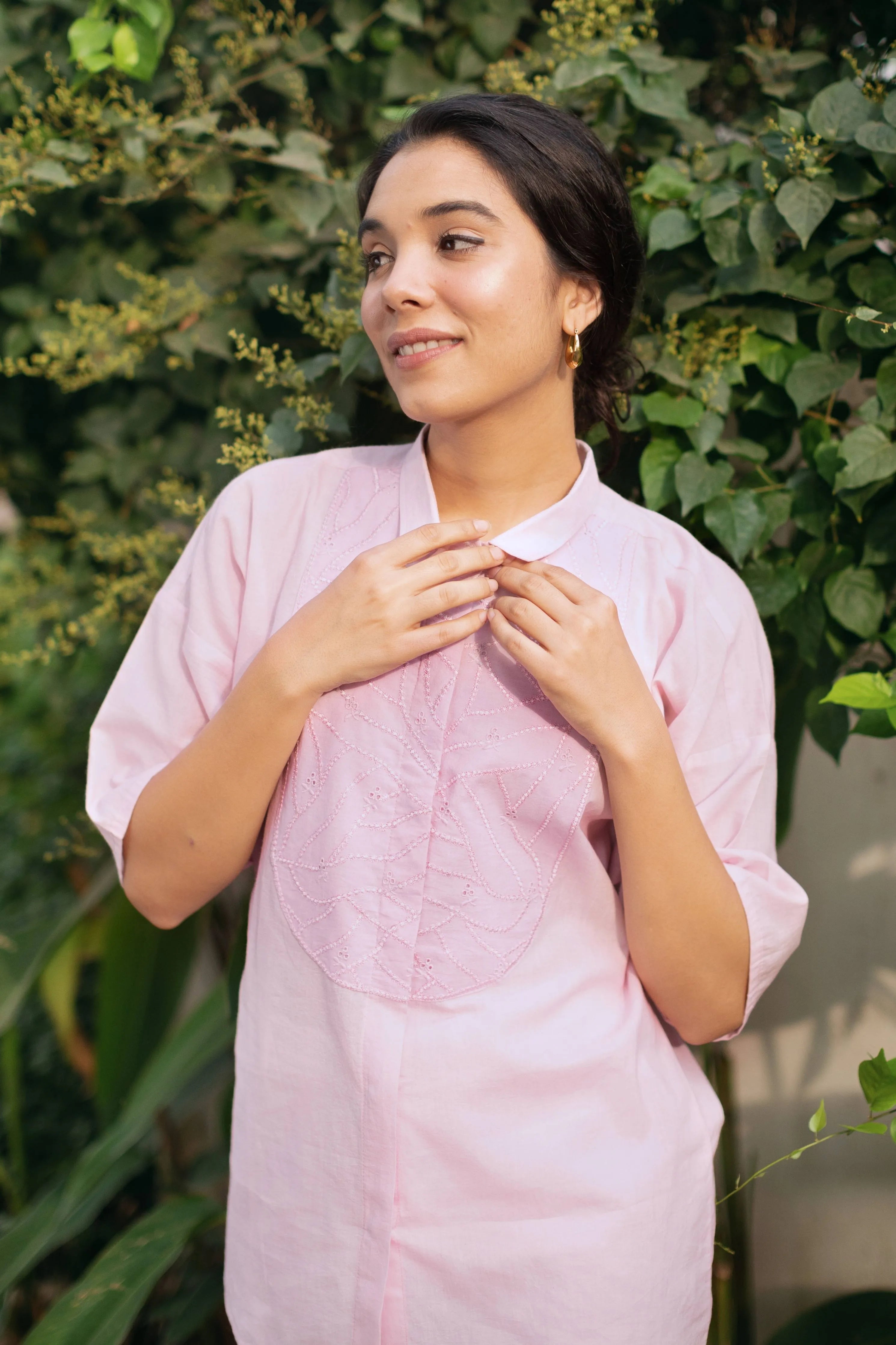 Pink Organic Cotton Shirt With Yoke Embroidery