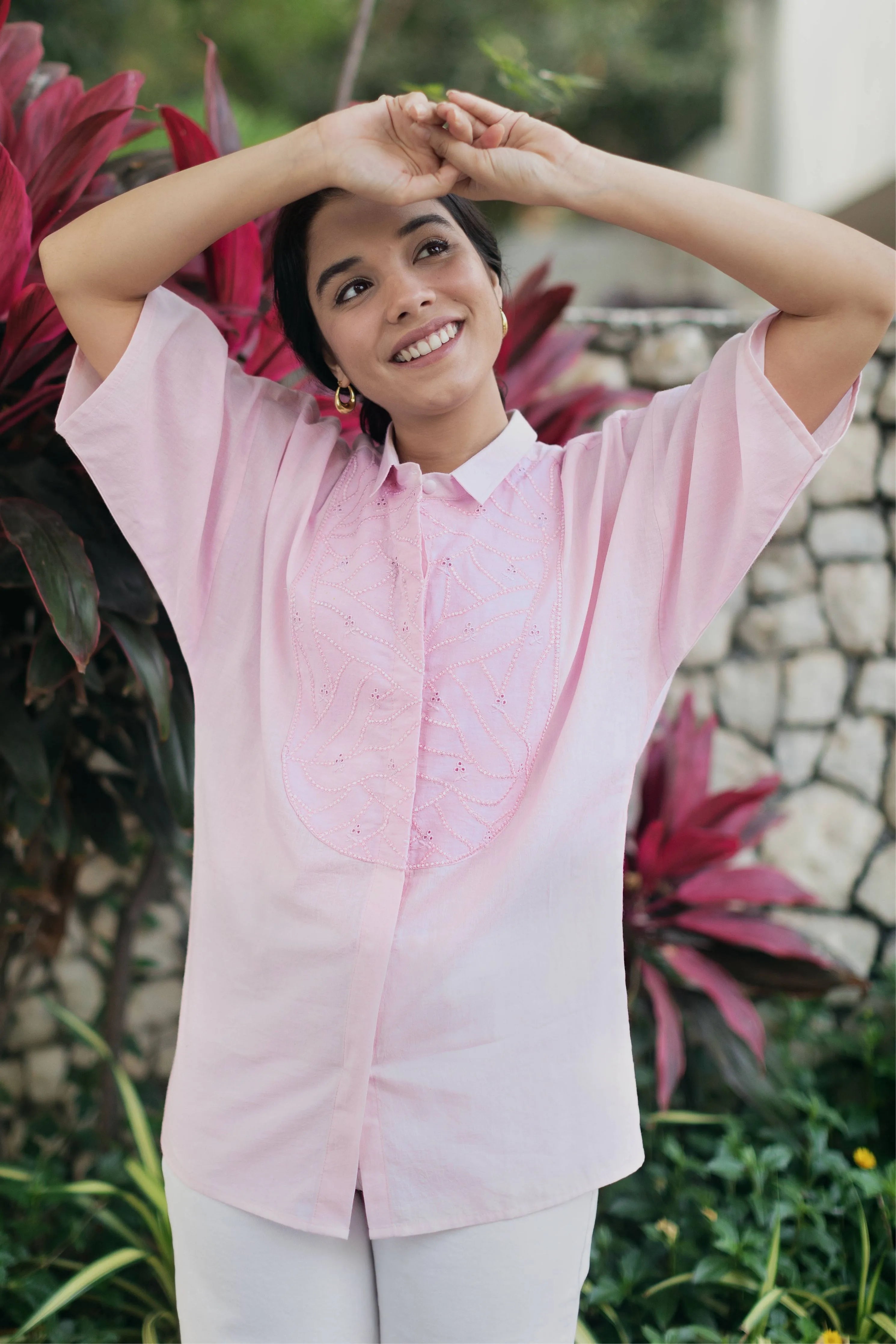 Pink Organic Cotton Shirt With Yoke Embroidery