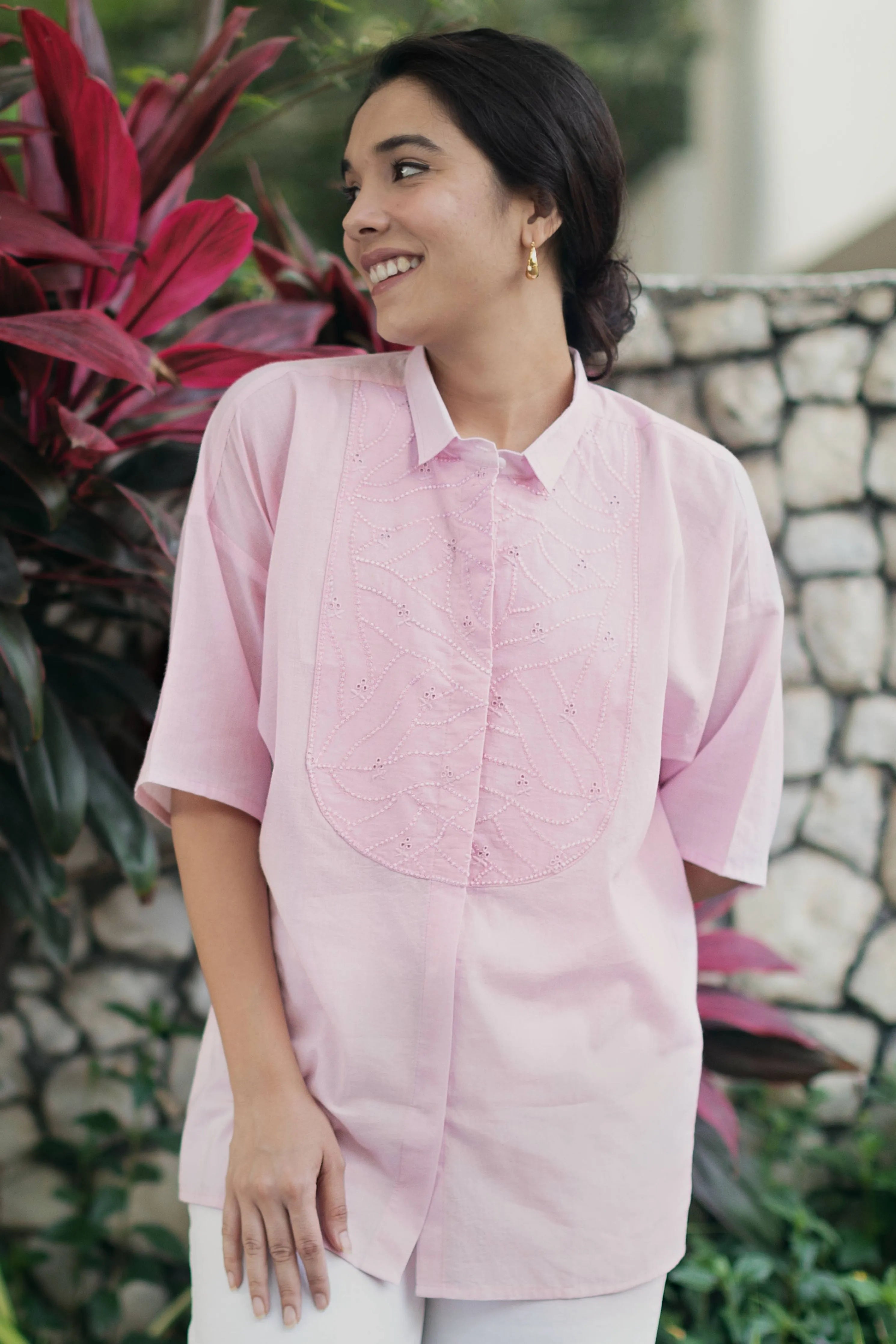 Pink Organic Cotton Shirt With Yoke Embroidery