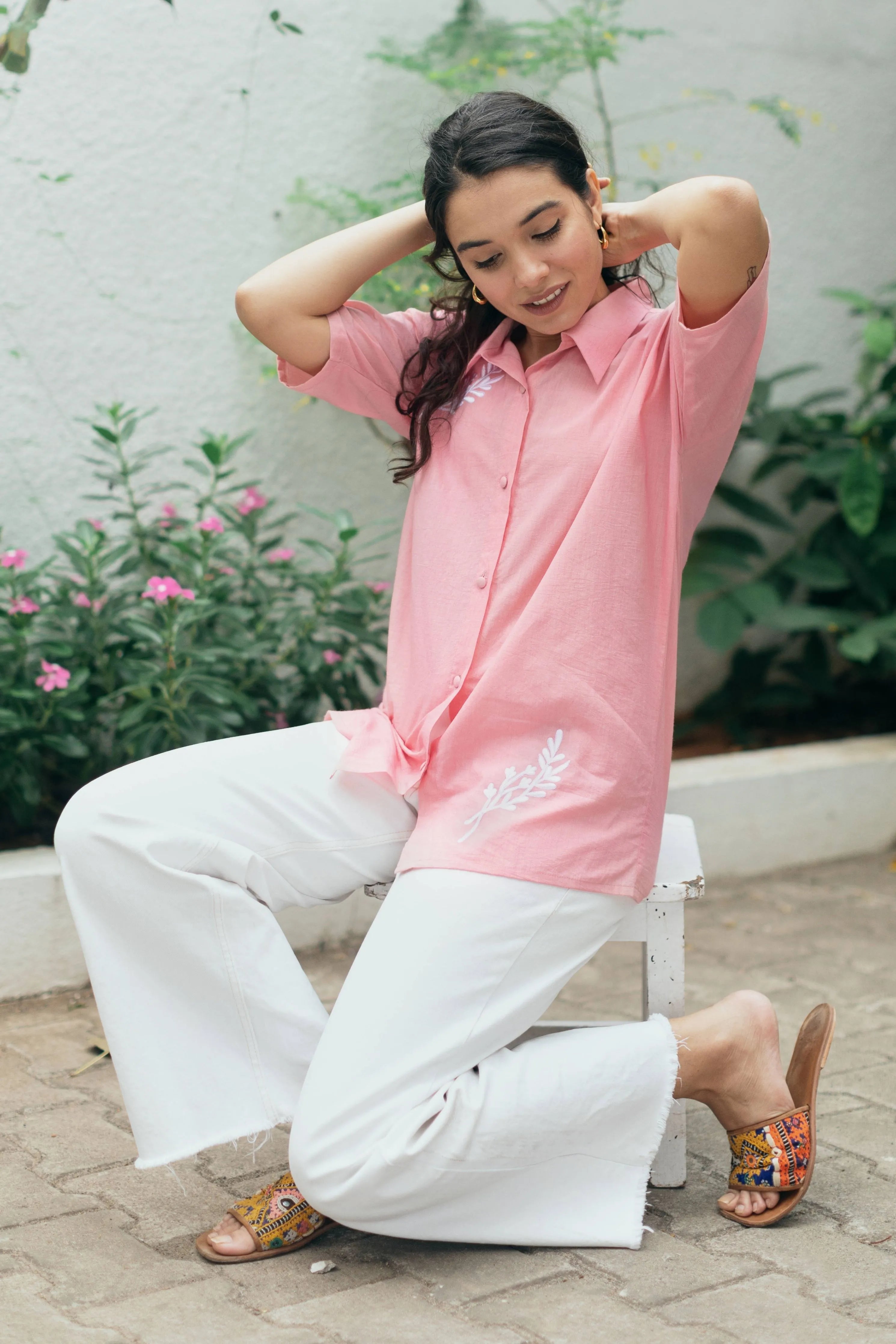 Elegant Organic Pink Shirt with Embroidery