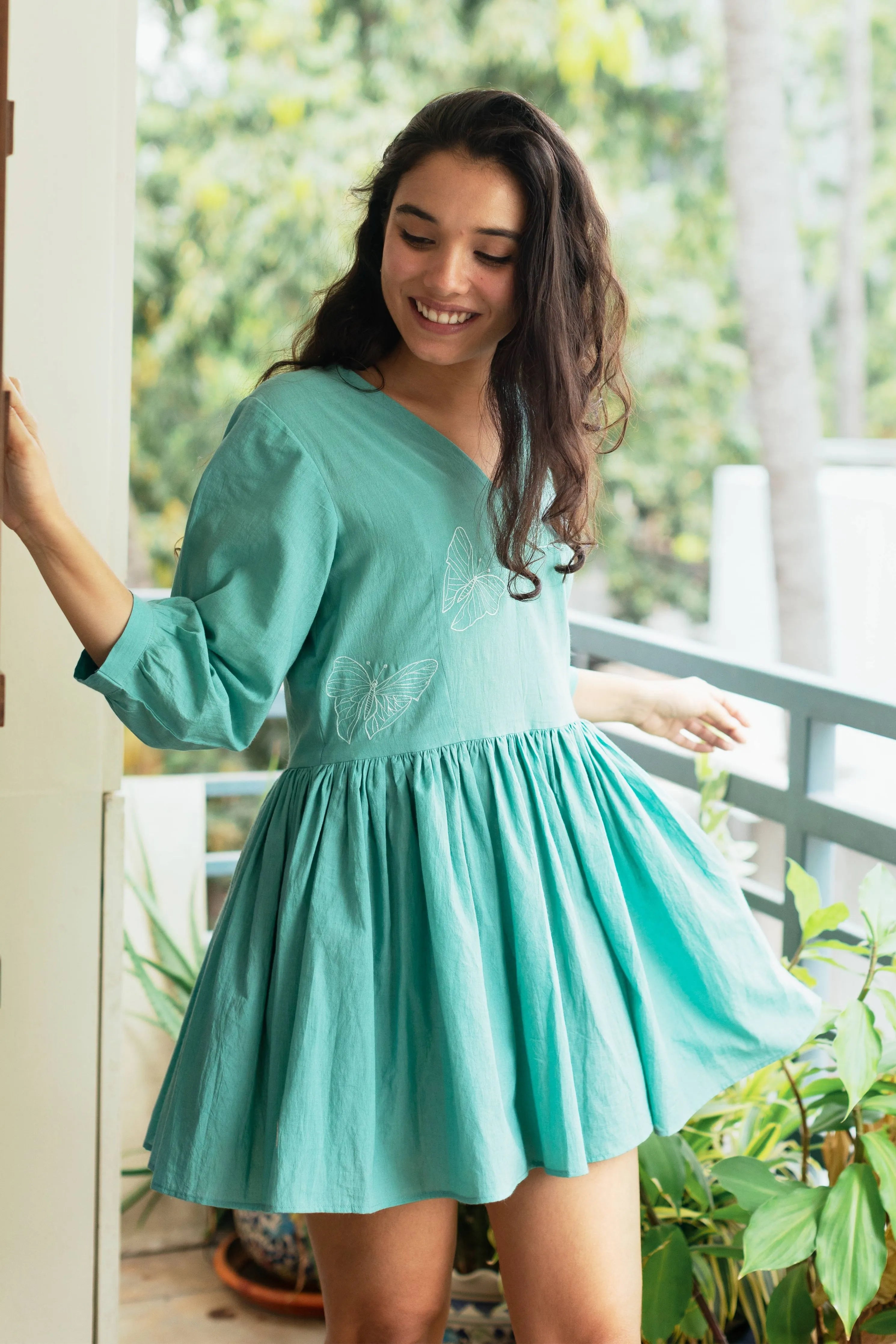Girl Next Door Green Organic Cotton Dress with Embroidery