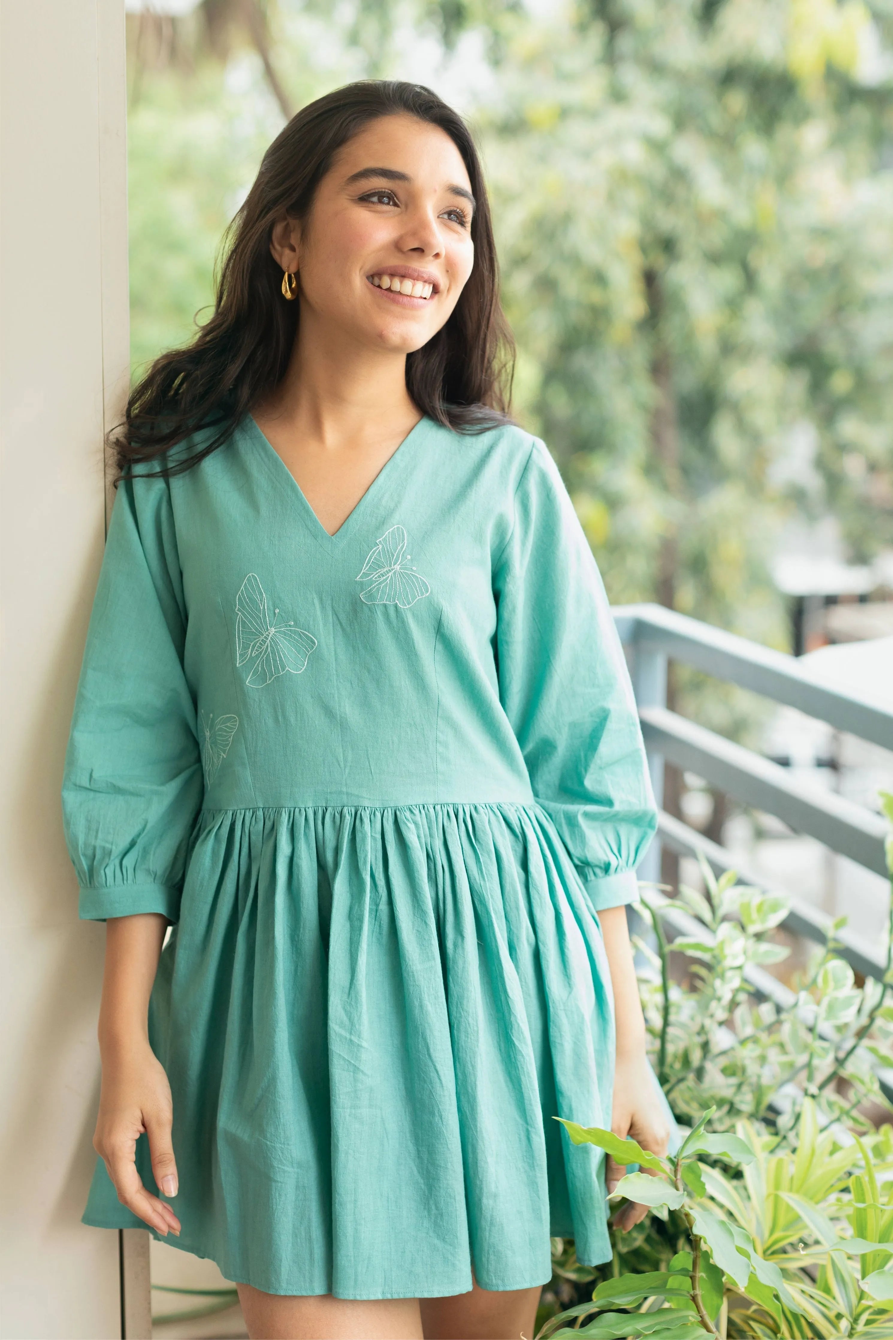 Girl Next Door Green Organic Cotton Dress with Embroidery