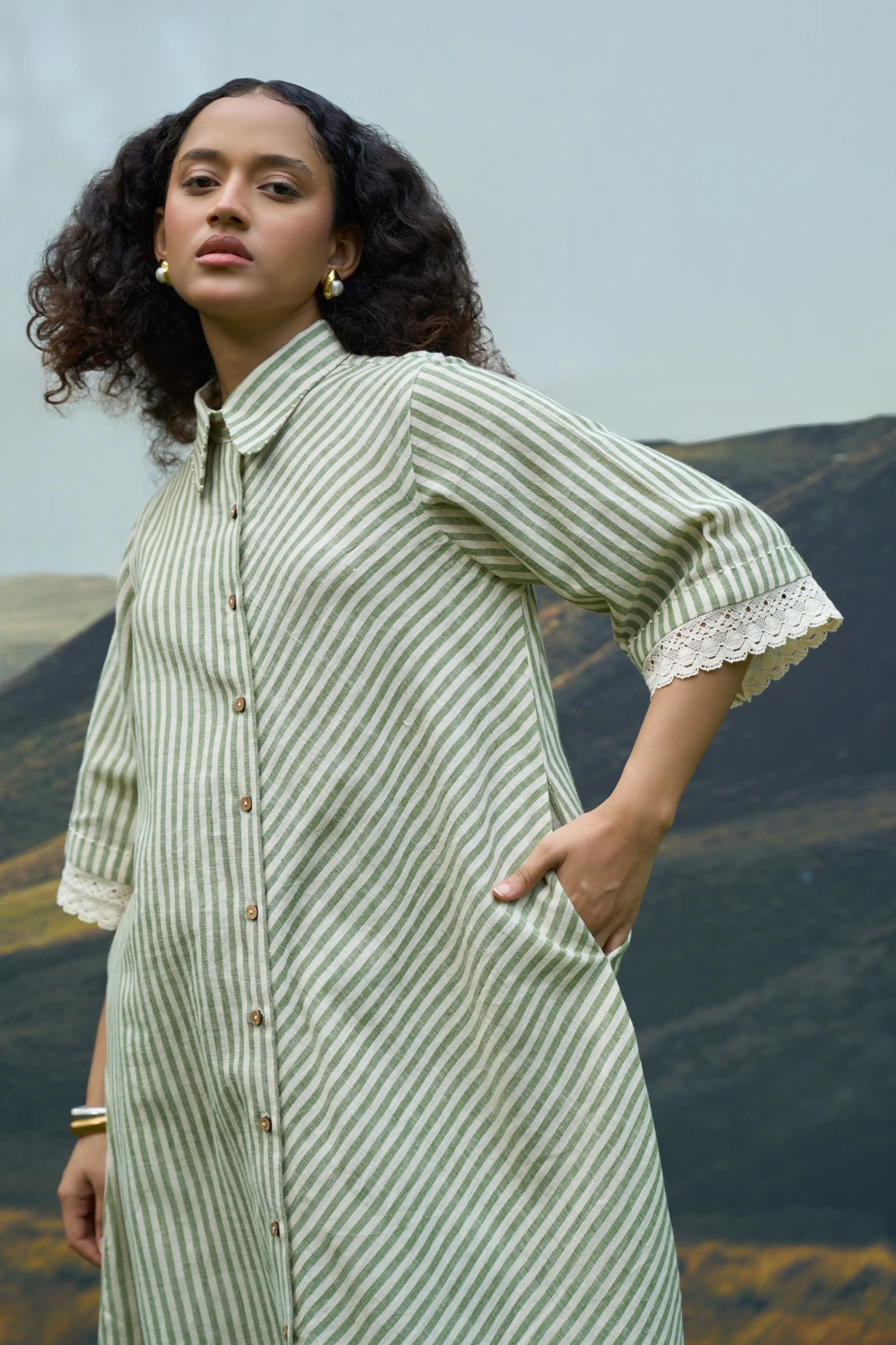 Moss Stripes Tent Shirt Dress