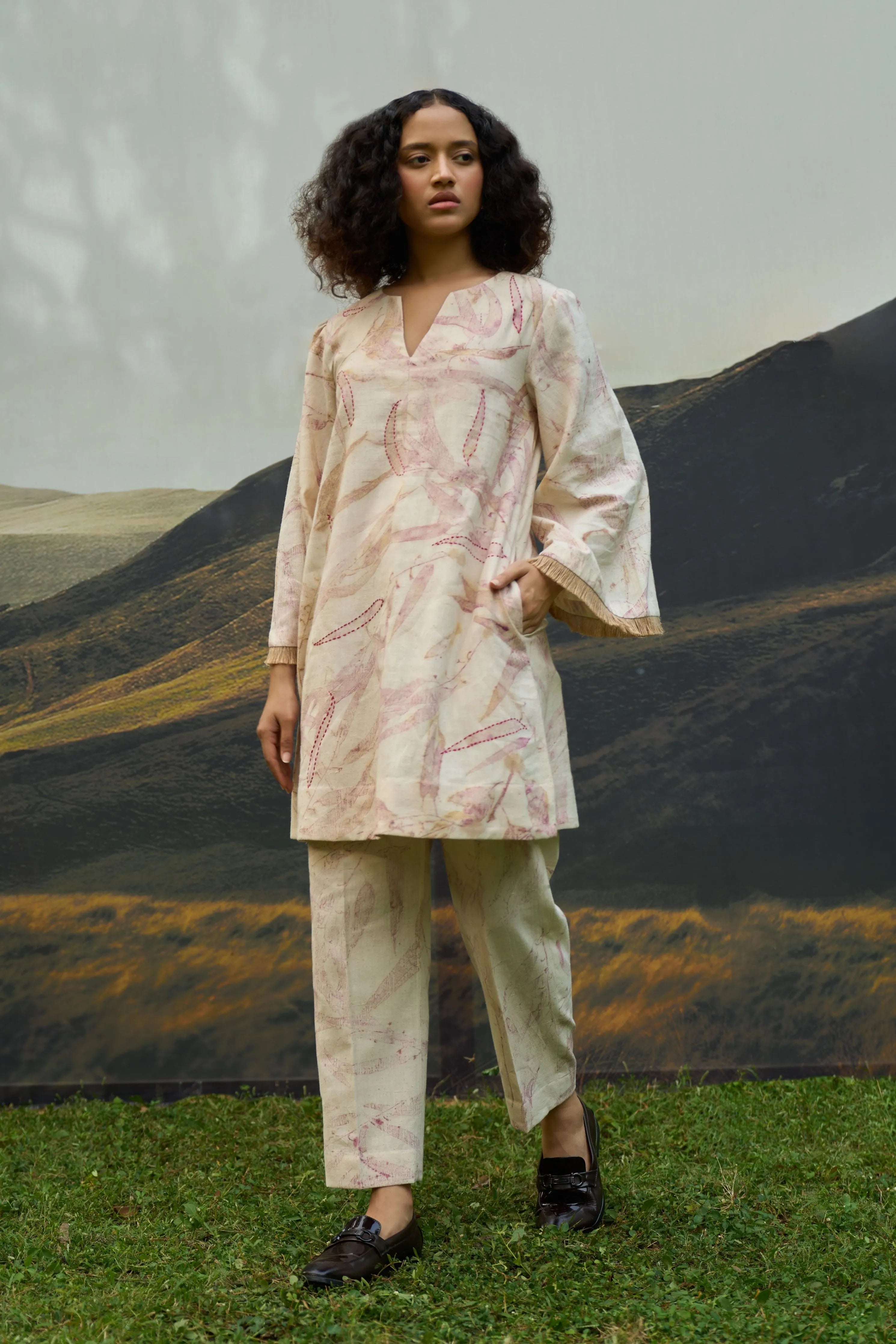 Pink Foliage Straight Trousers