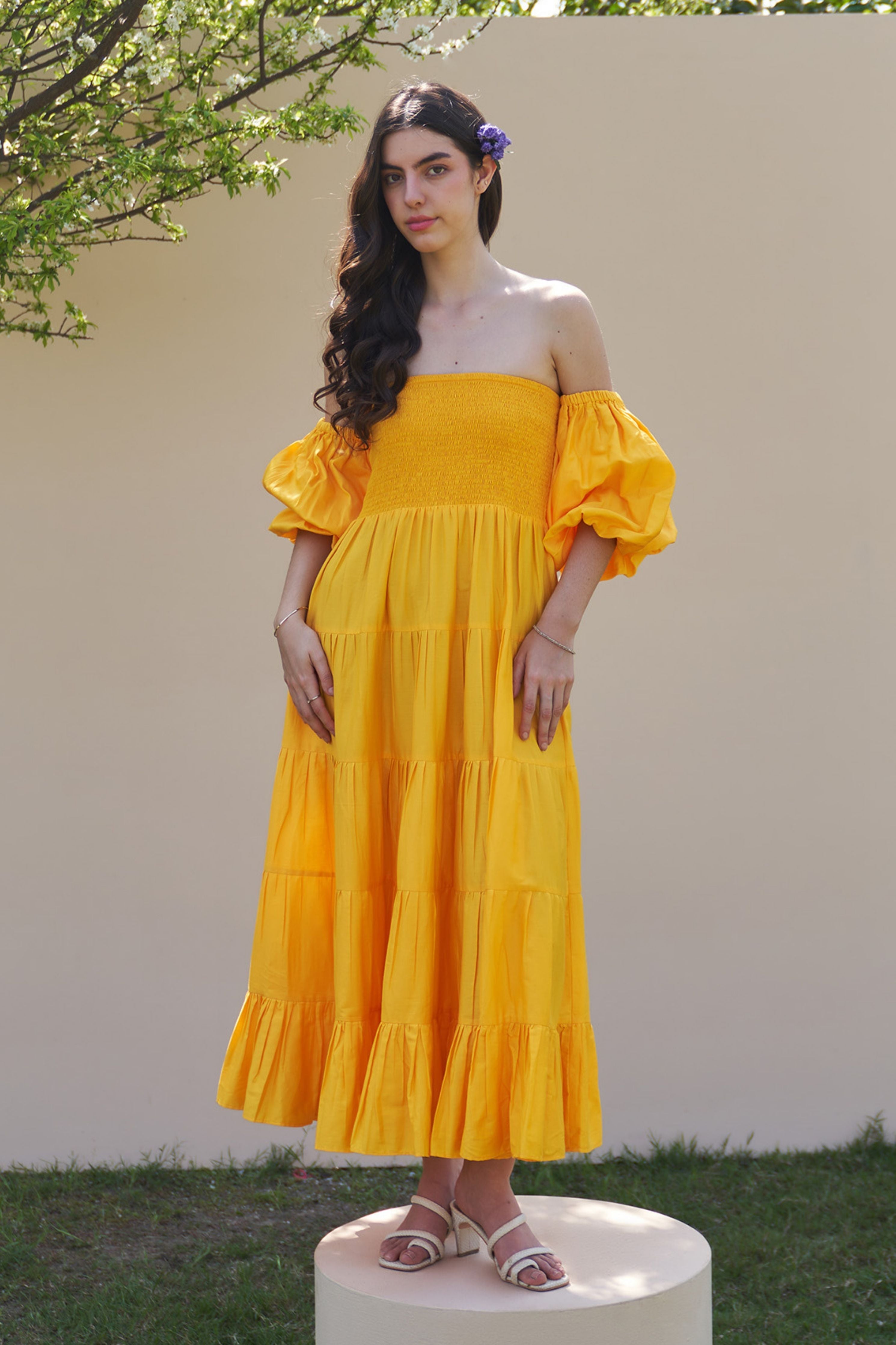 Beatrice Mango Sorbet Midi Dress with Detachable Sleeves