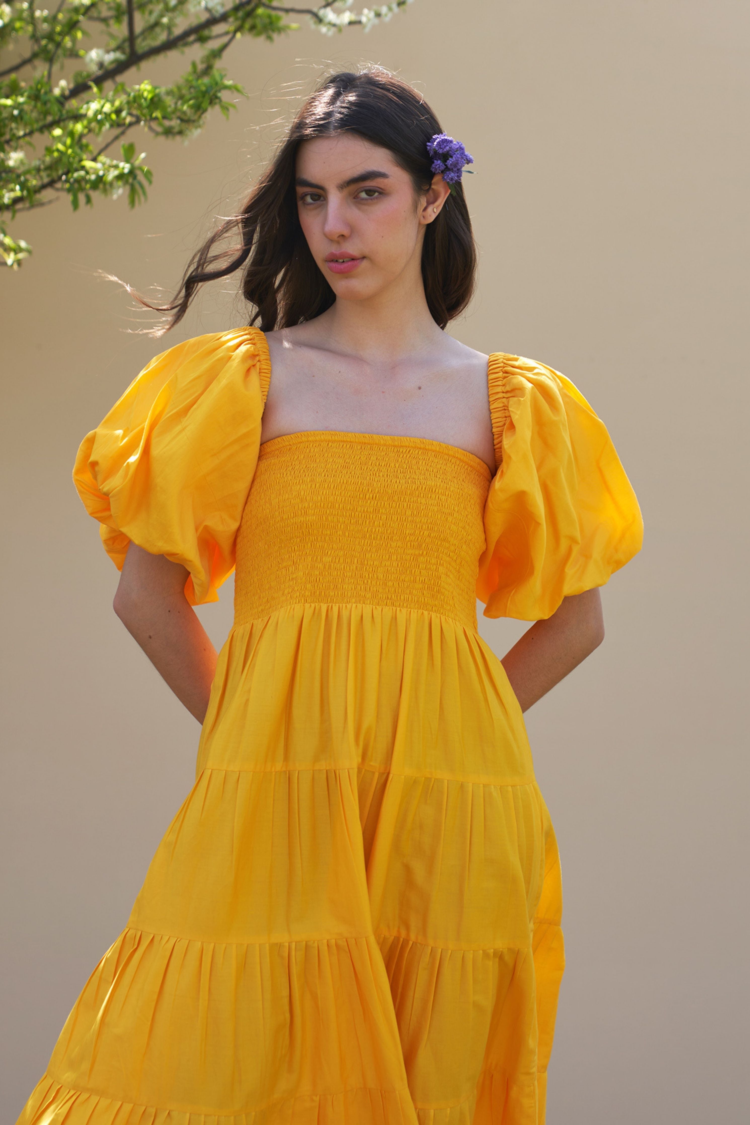 Beatrice Mango Sorbet Midi Dress with Detachable Sleeves