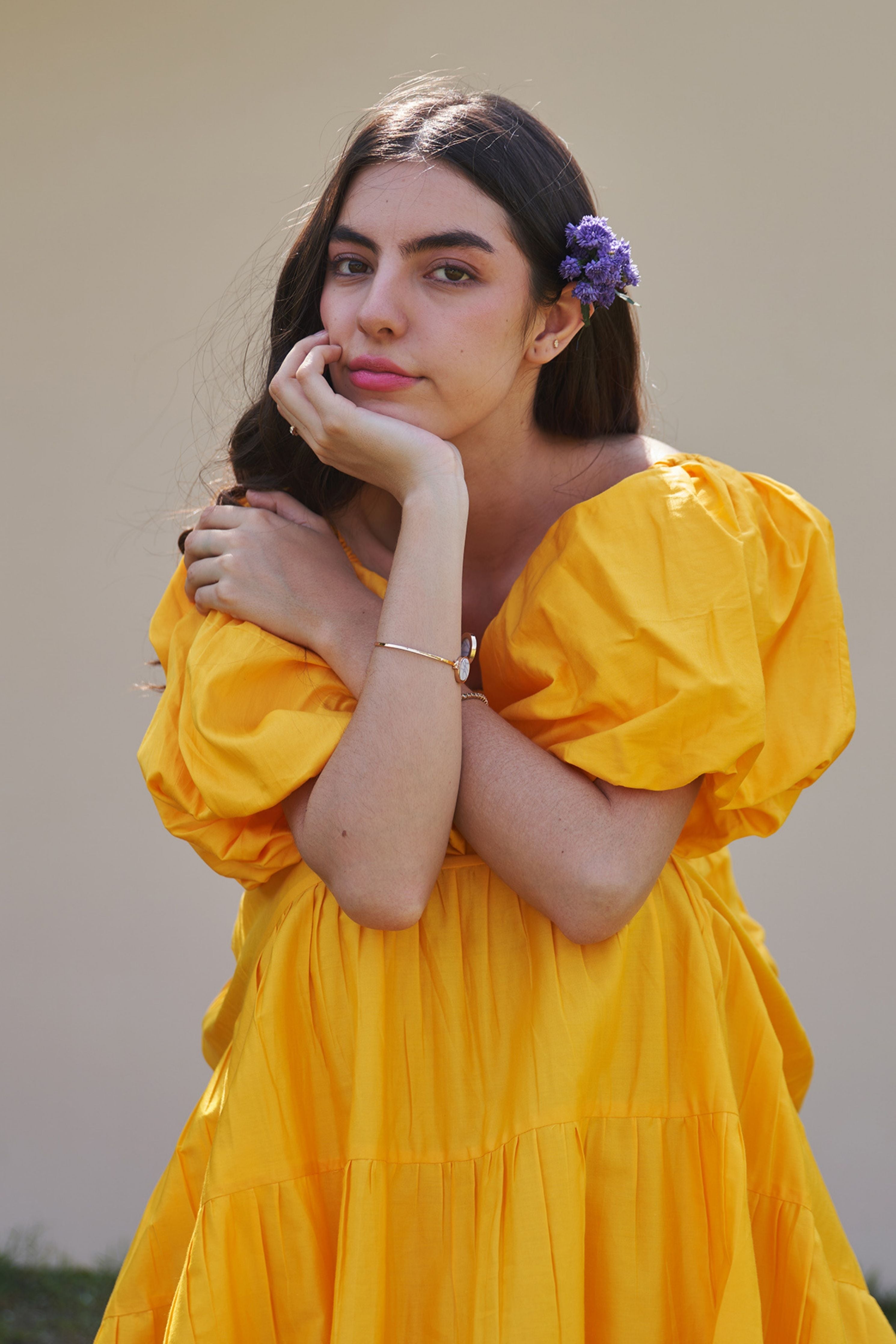 Beatrice Mango Sorbet Midi Dress with Detachable Sleeves