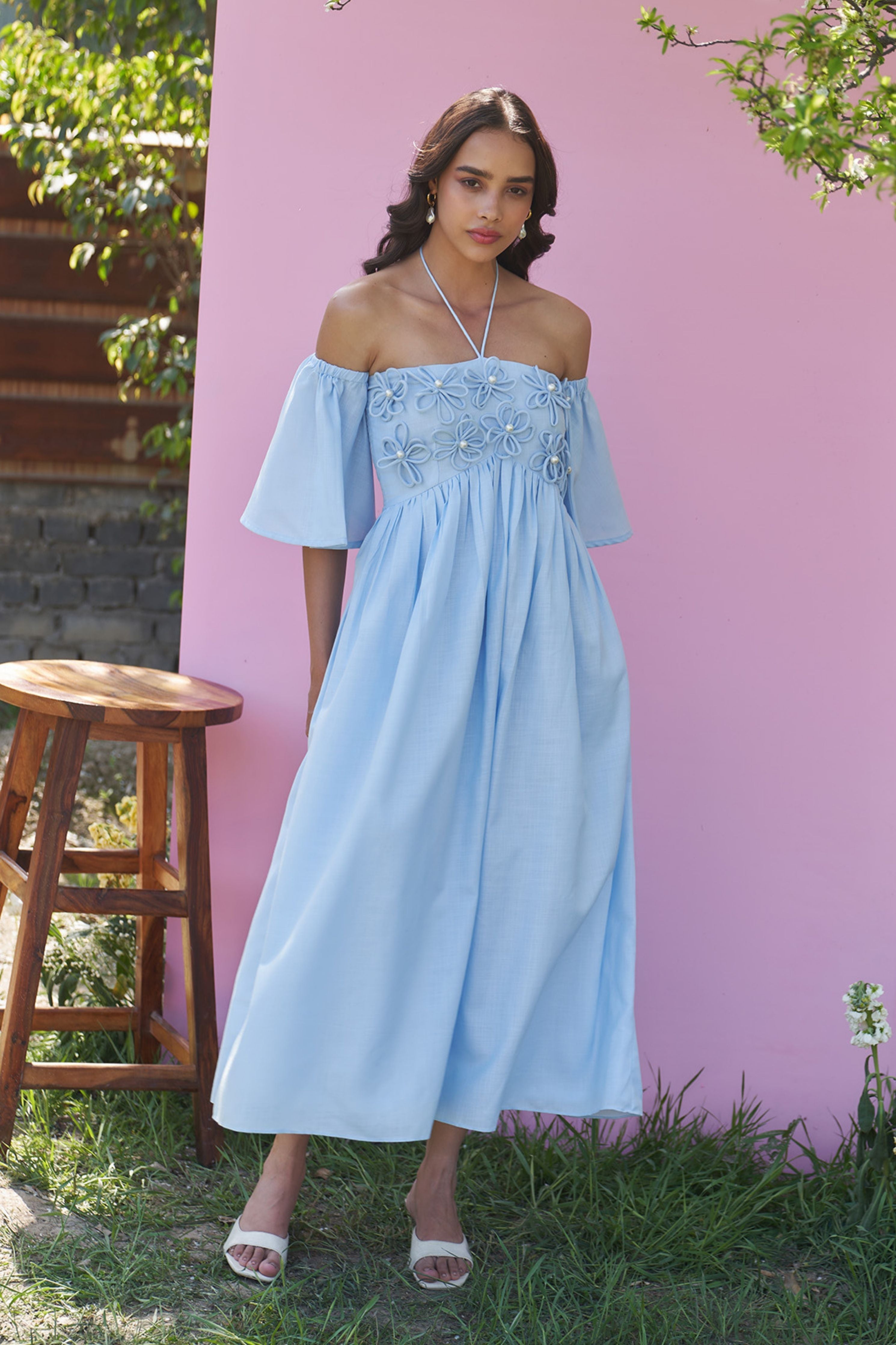 Elle Powder Blue Midi Dress with Detachable Sleeves