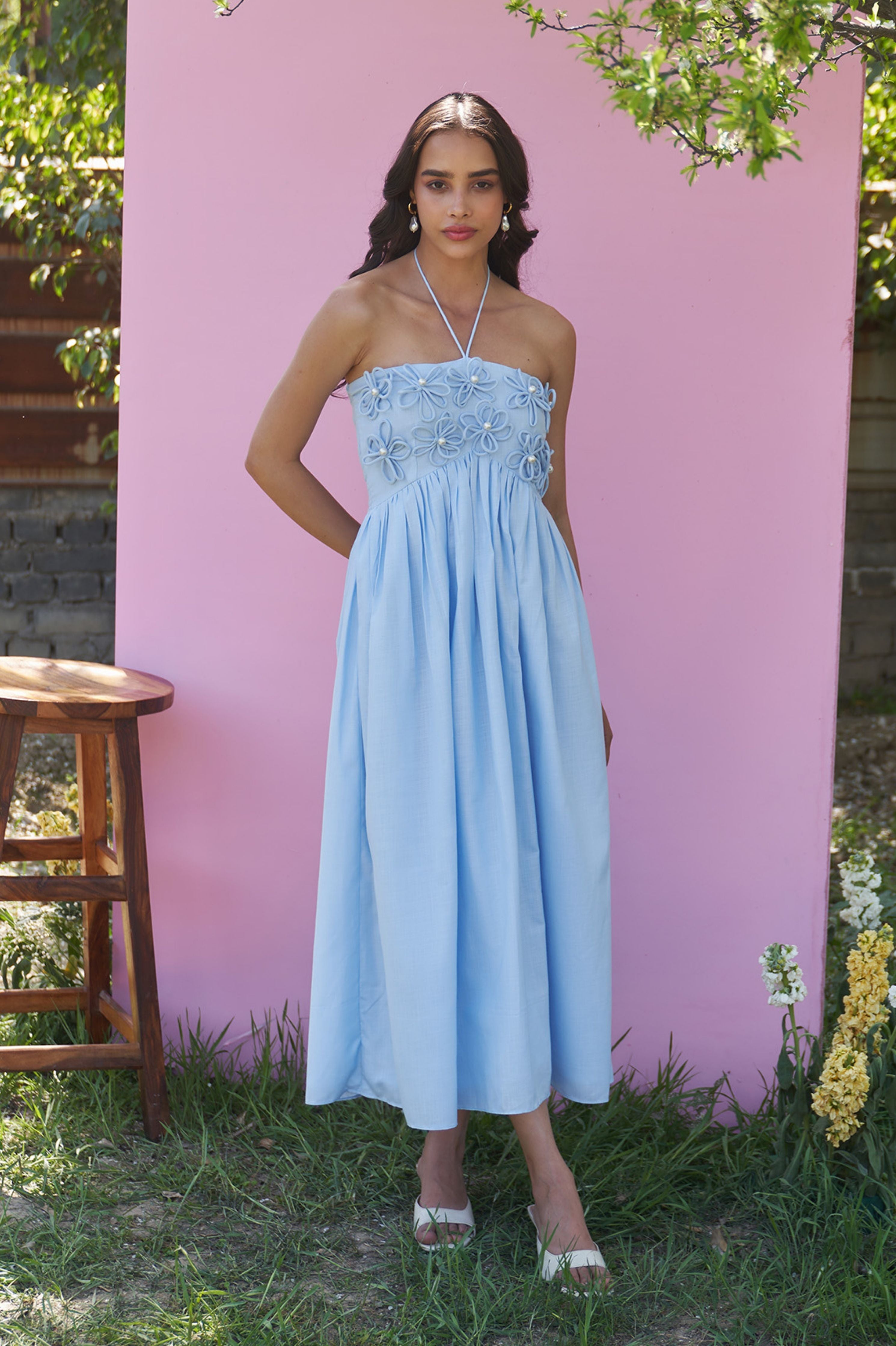 Elle Powder Blue Midi Dress with Detachable Sleeves
