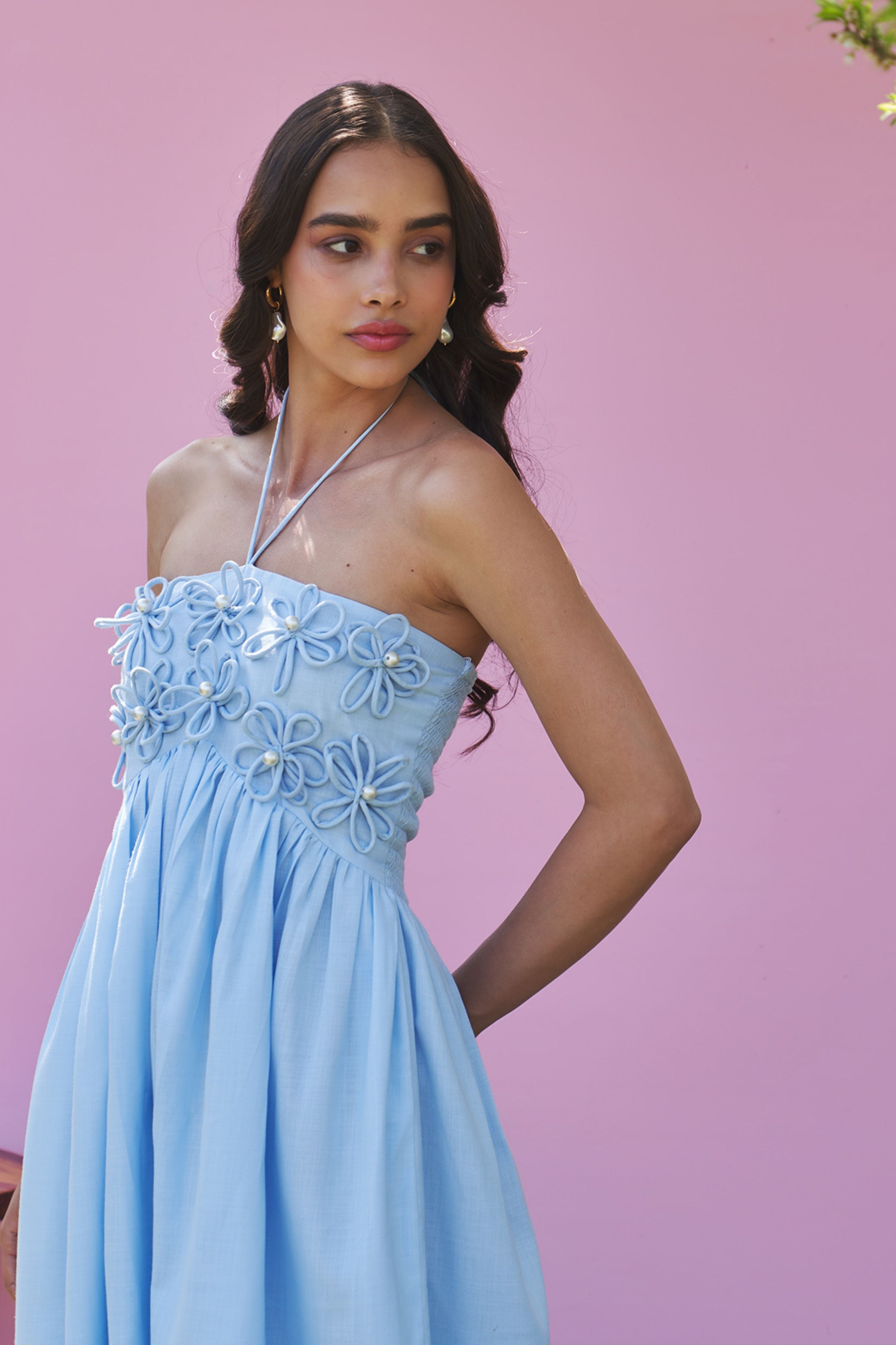 Elle Powder Blue Midi Dress with Detachable Sleeves