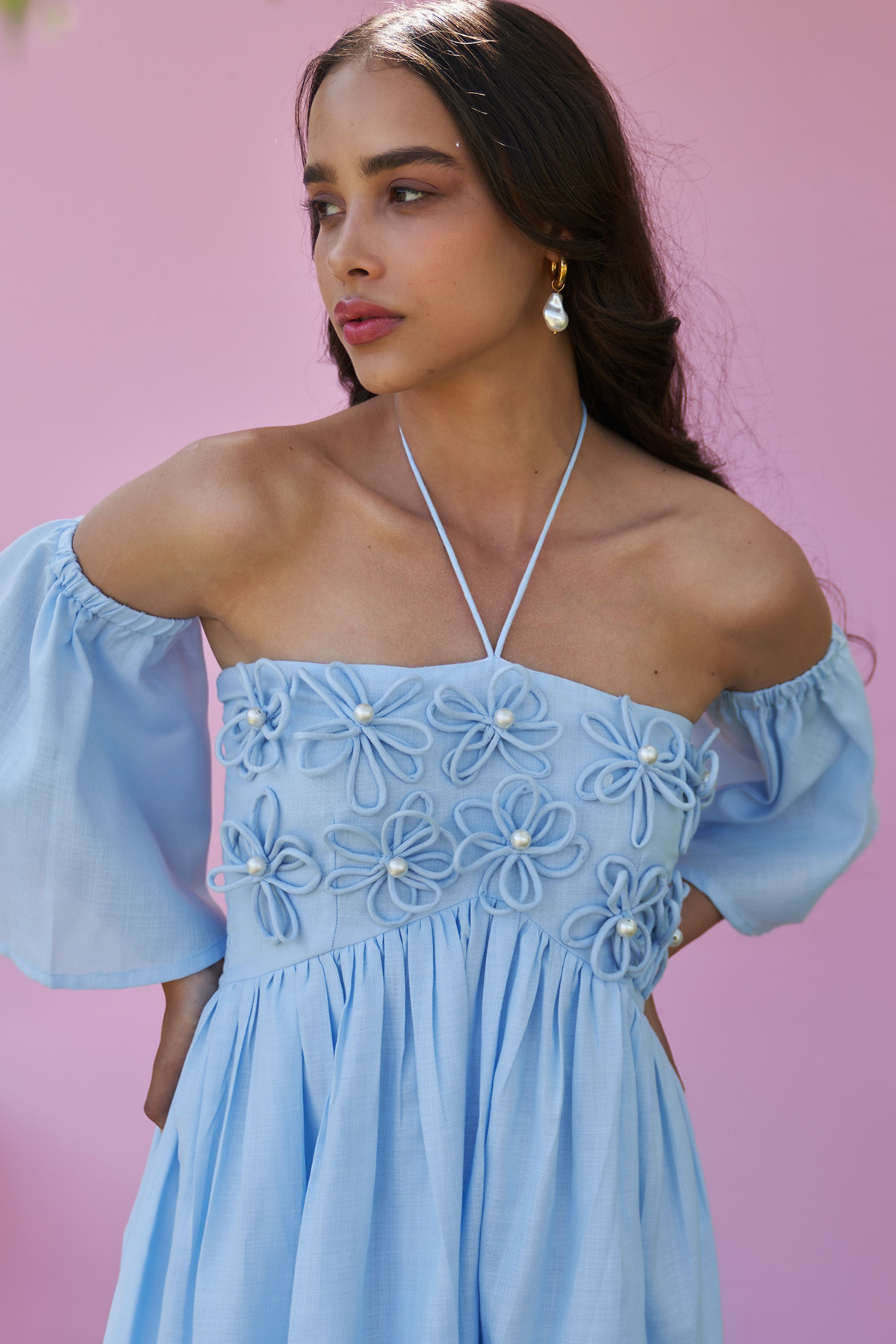 Elle Powder Blue Midi Dress with Detachable Sleeves