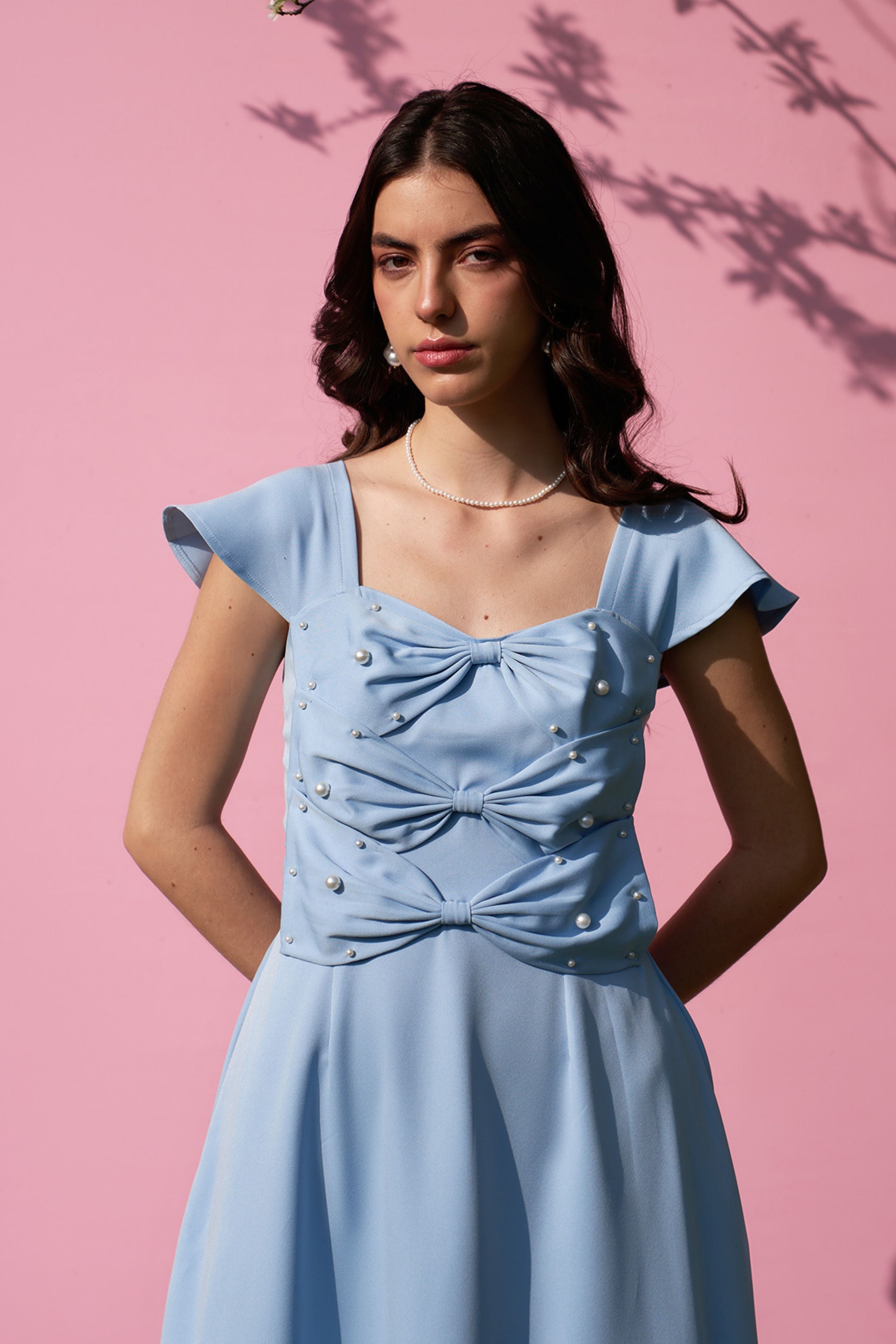 3 Bow Powder Blue Midi Dress