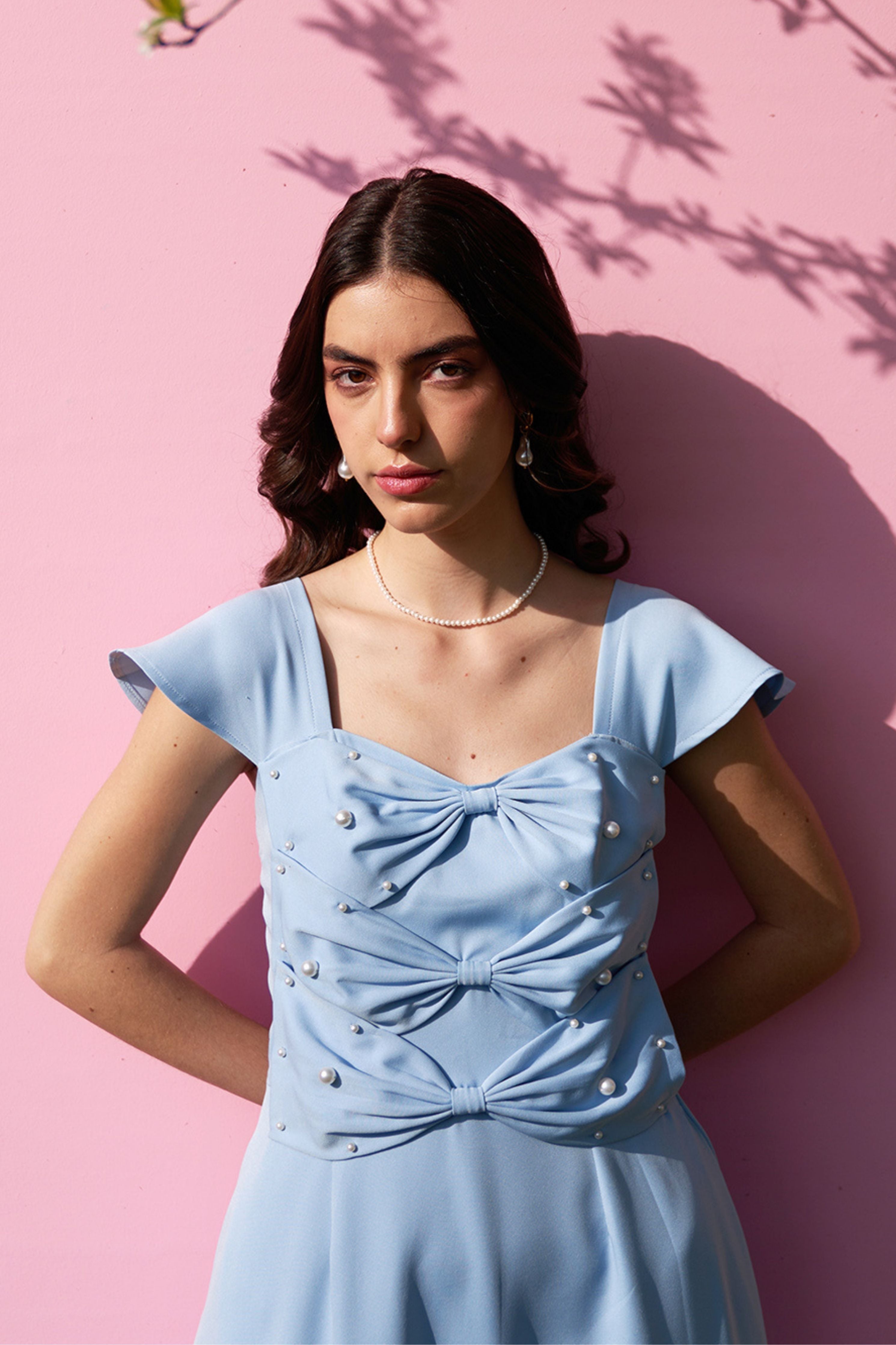 3 Bow Powder Blue Midi Dress
