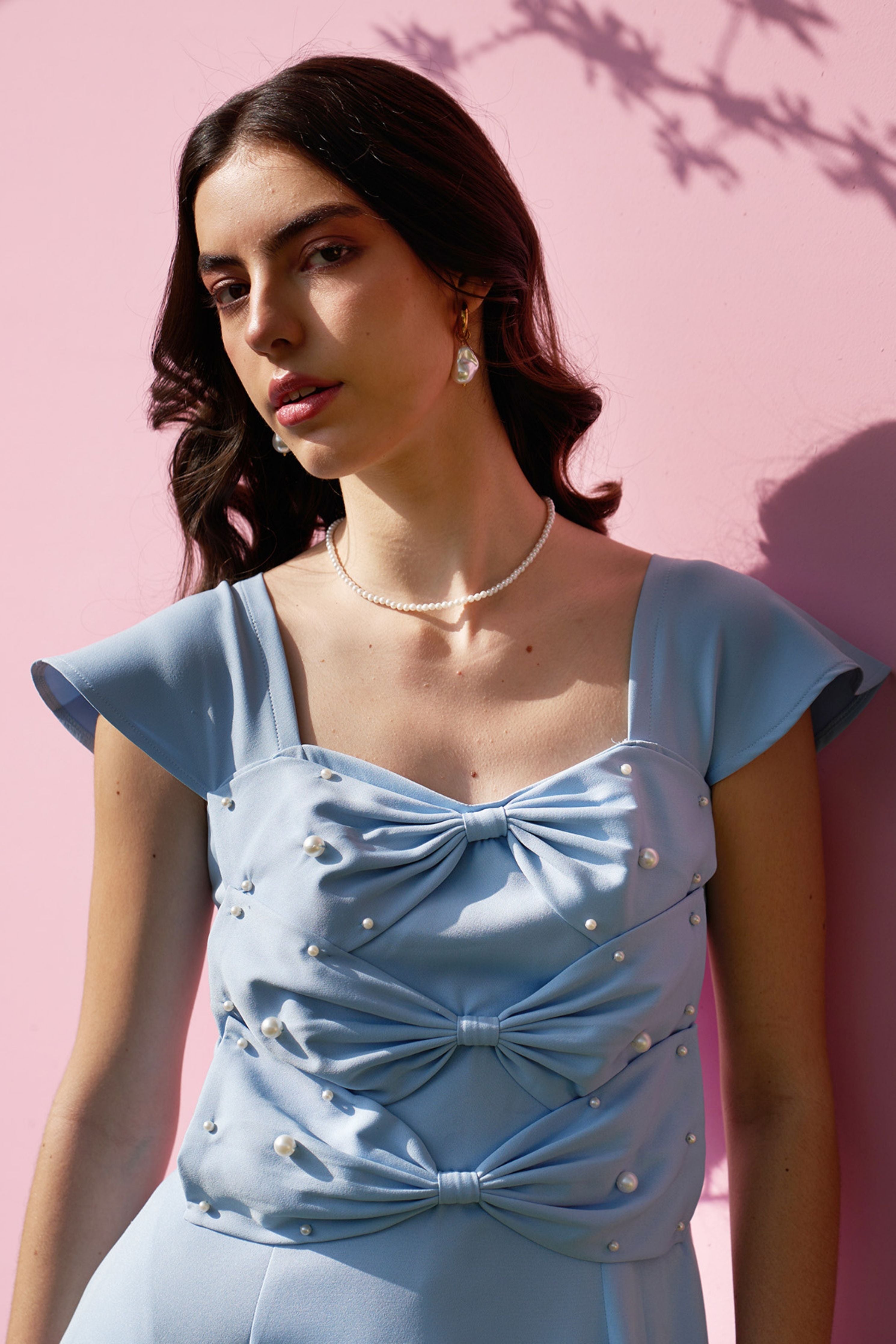 3 Bow Powder Blue Midi Dress