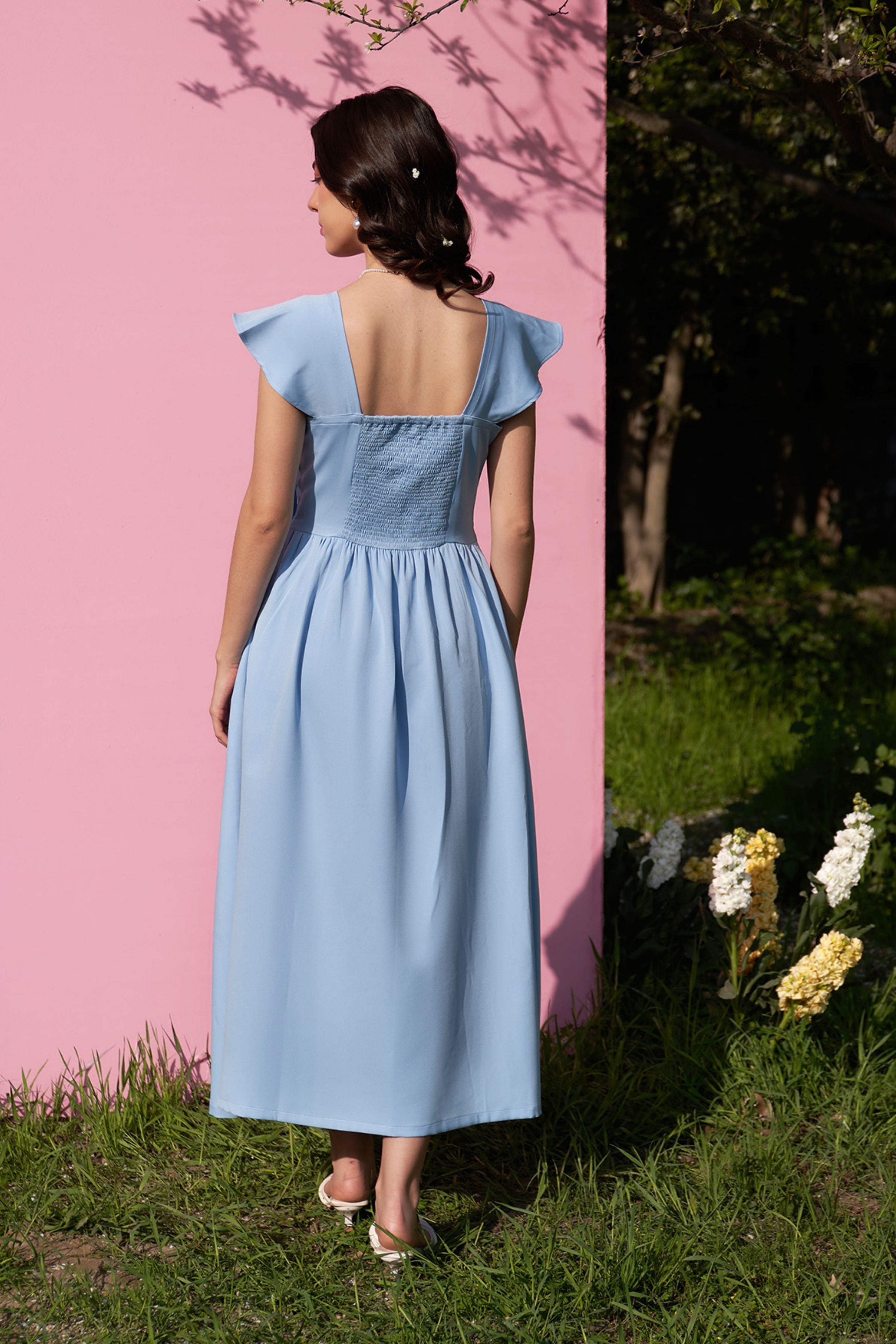 3 Bow Powder Blue Midi Dress