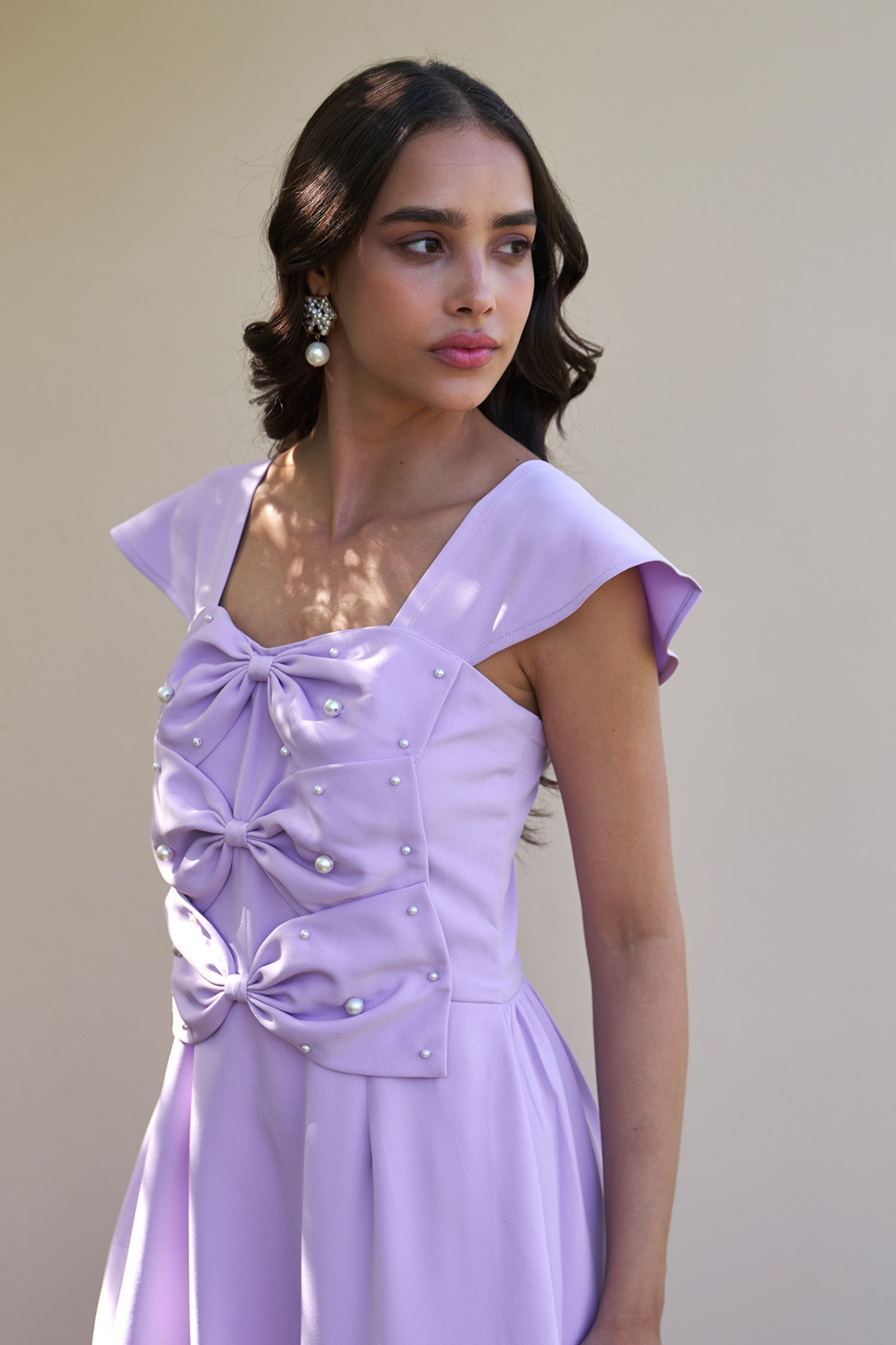 3 Bow Lilac Midi Dress