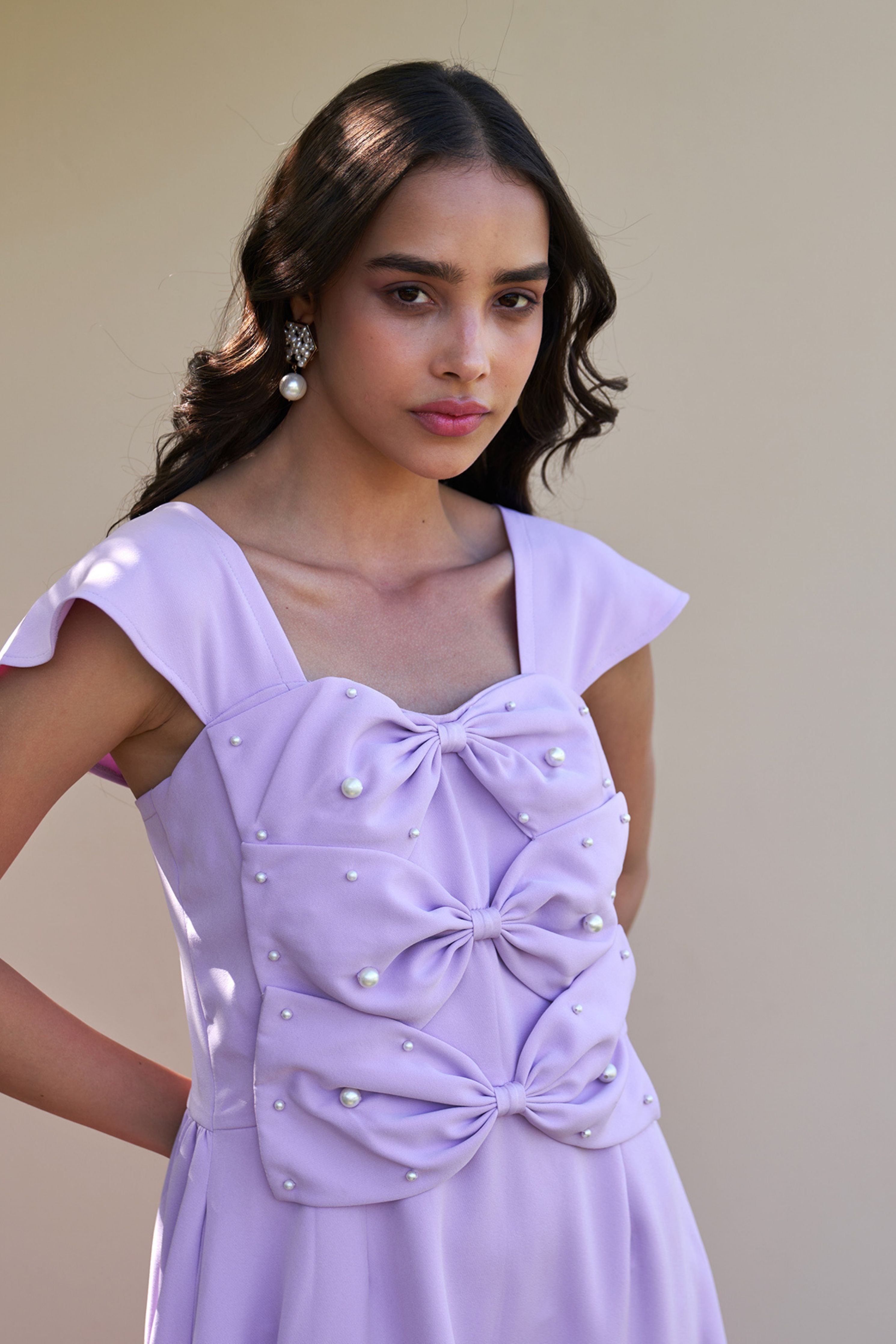 3 Bow Lilac Midi Dress