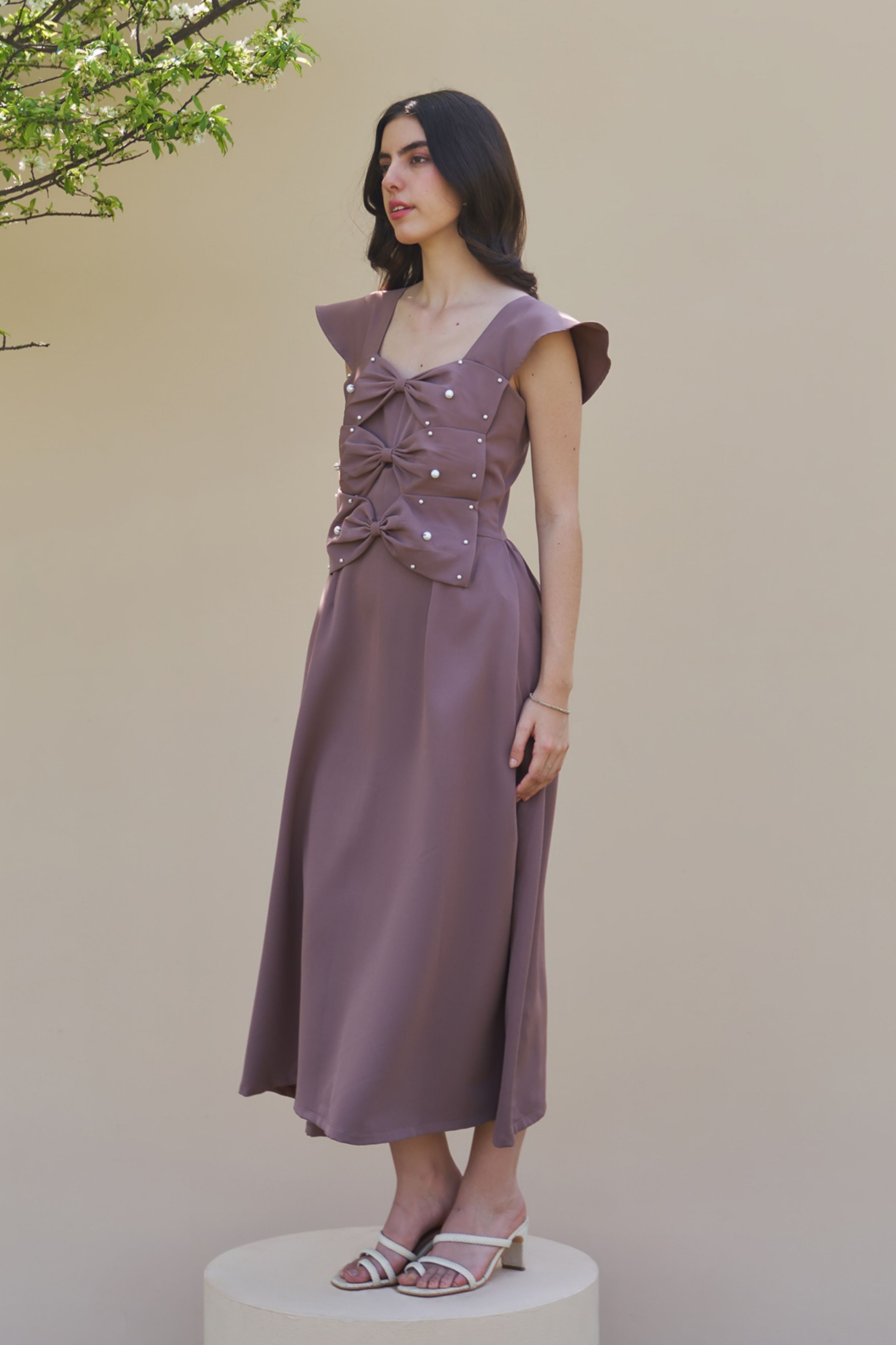 3 Bow Mocha Midi Dress