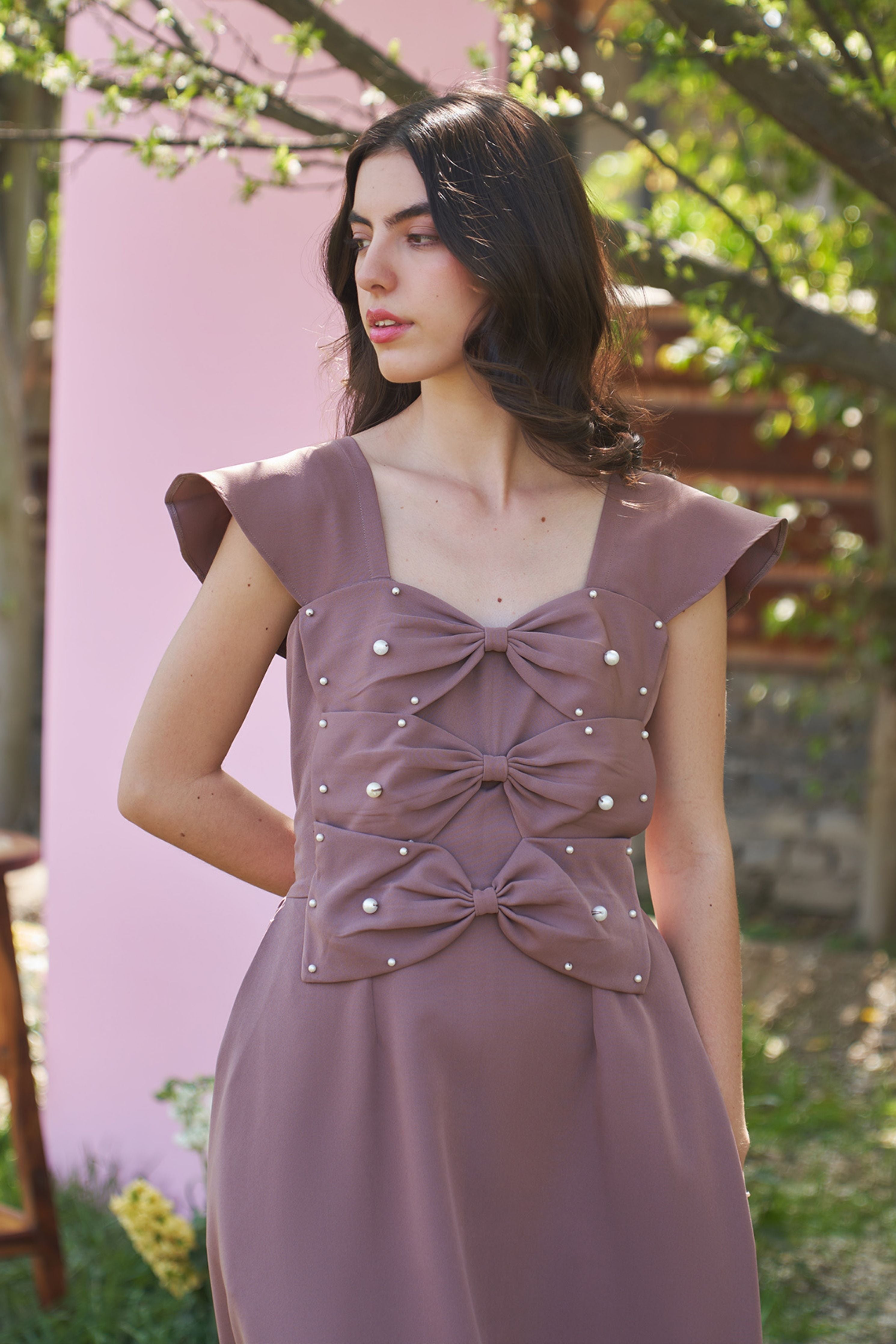 3 Bow Mocha Midi Dress