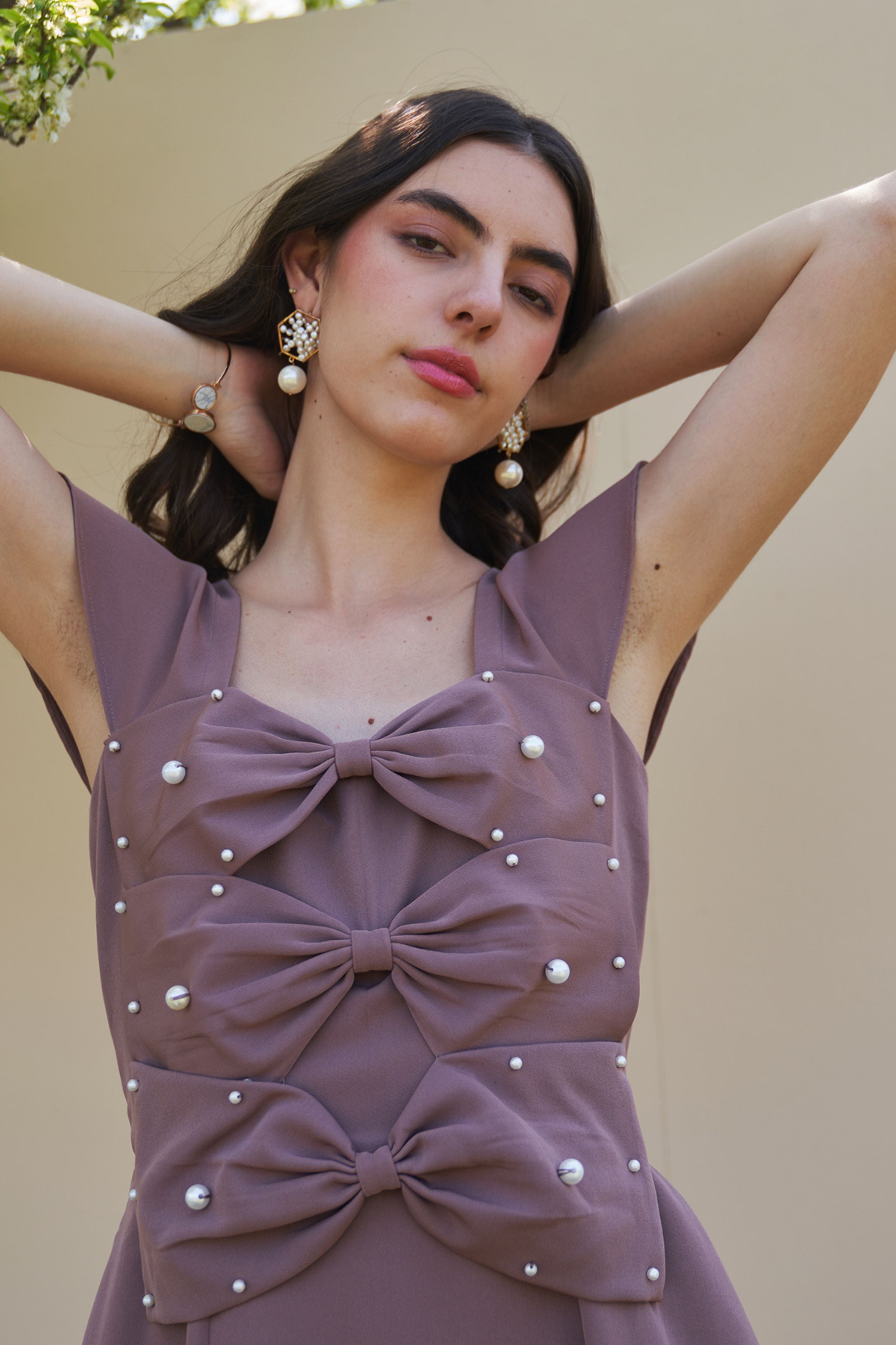 3 Bow Mocha Midi Dress