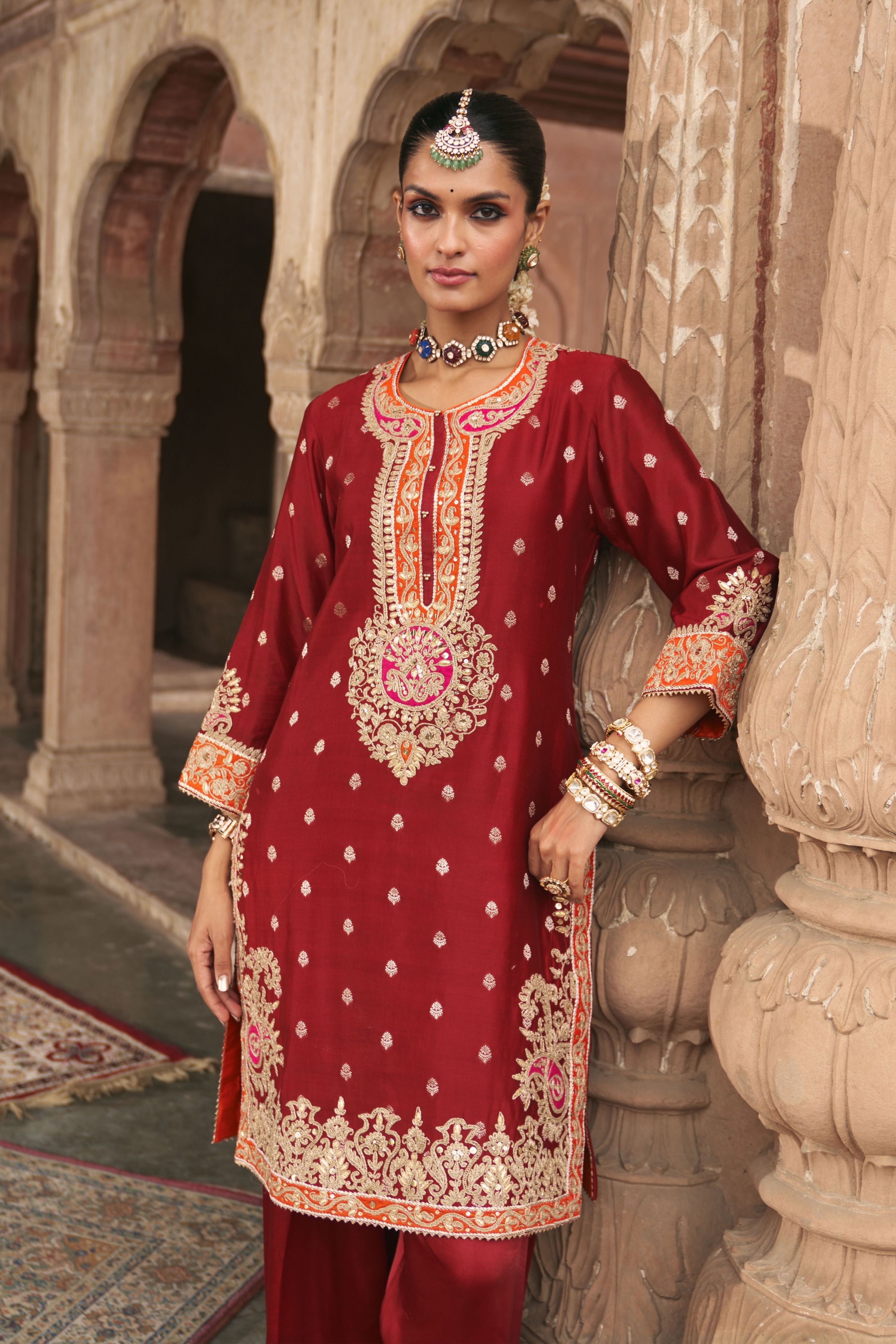 Anila  Deep Red Short Kurta With Salwar