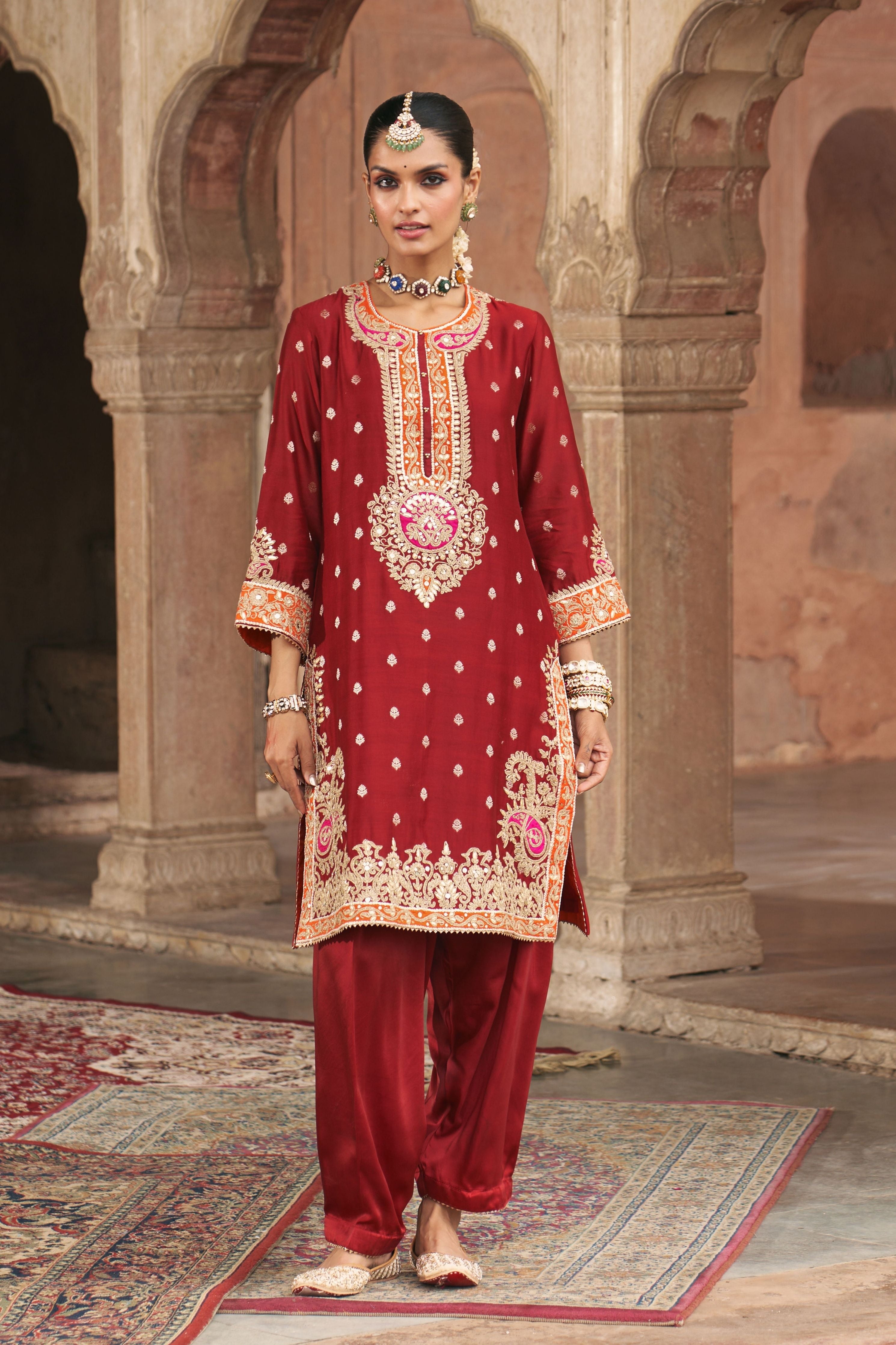 Anila  Deep Red Short Kurta With Salwar And Dupatta