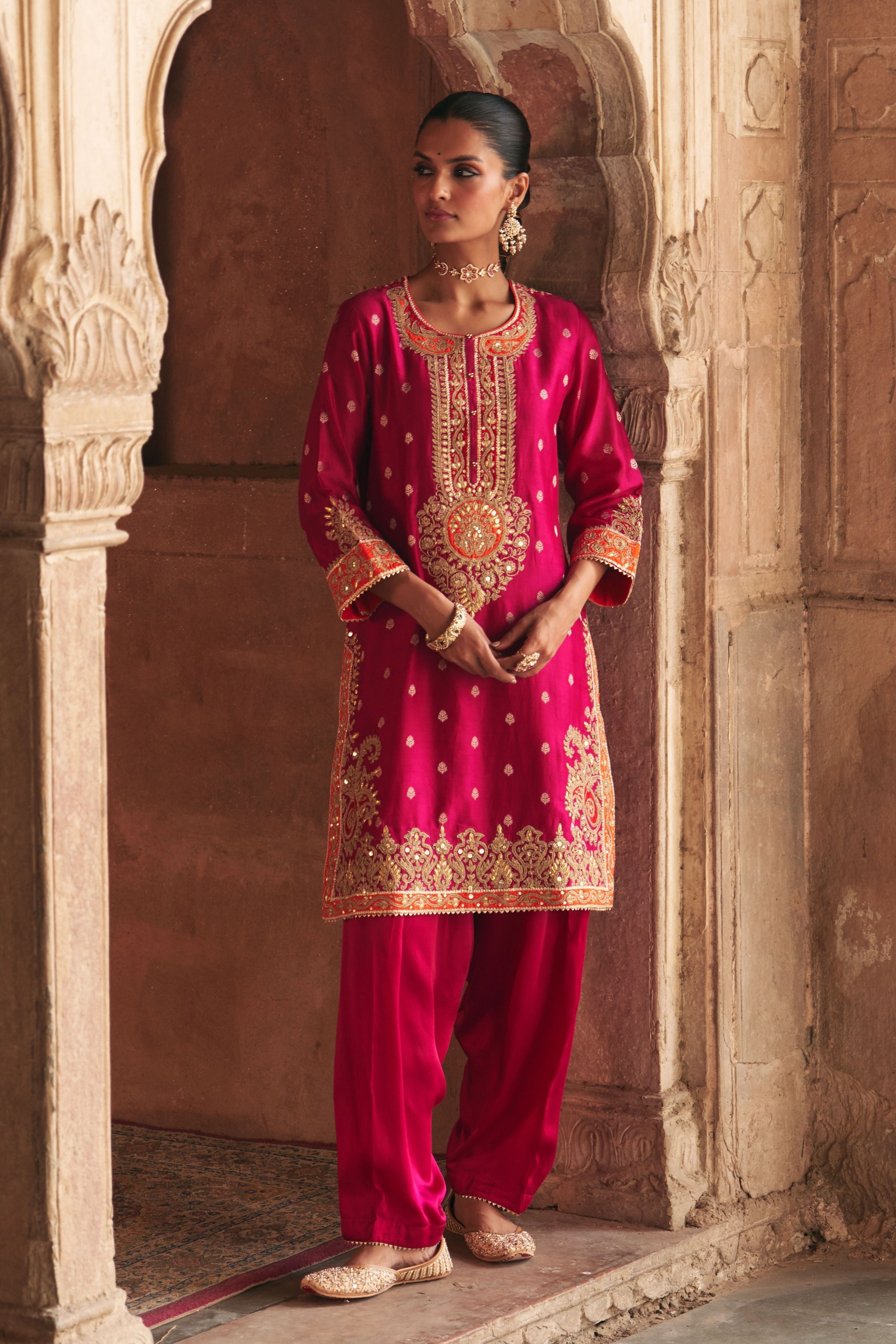 Anila  Hotpink Short Kurta With Salwar With Dupatta