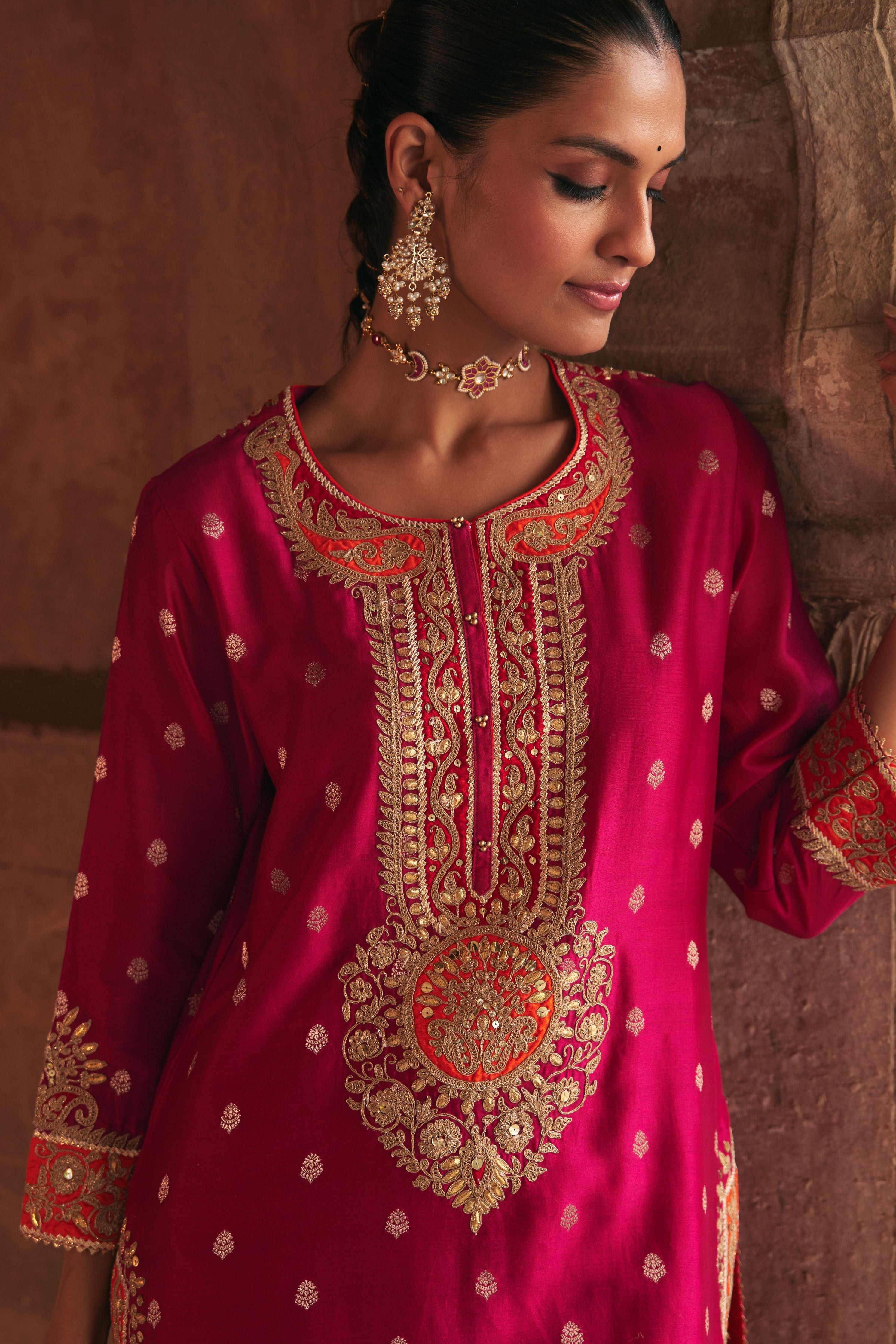 Anila  Hotpink Short Kurta With Salwar With Dupatta