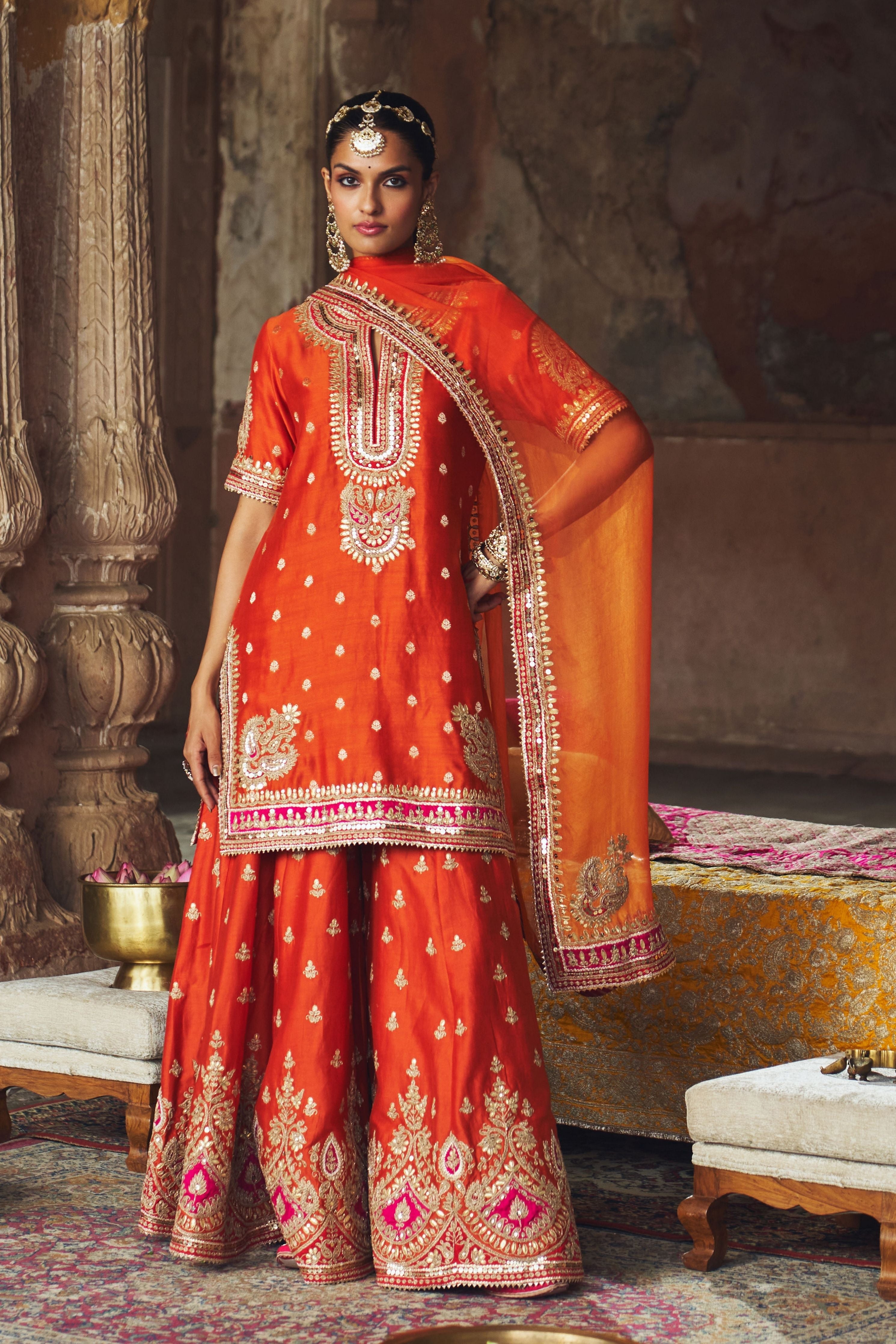 Areesha  Burnt Orange Short Kurta With Sharara And Dupatta