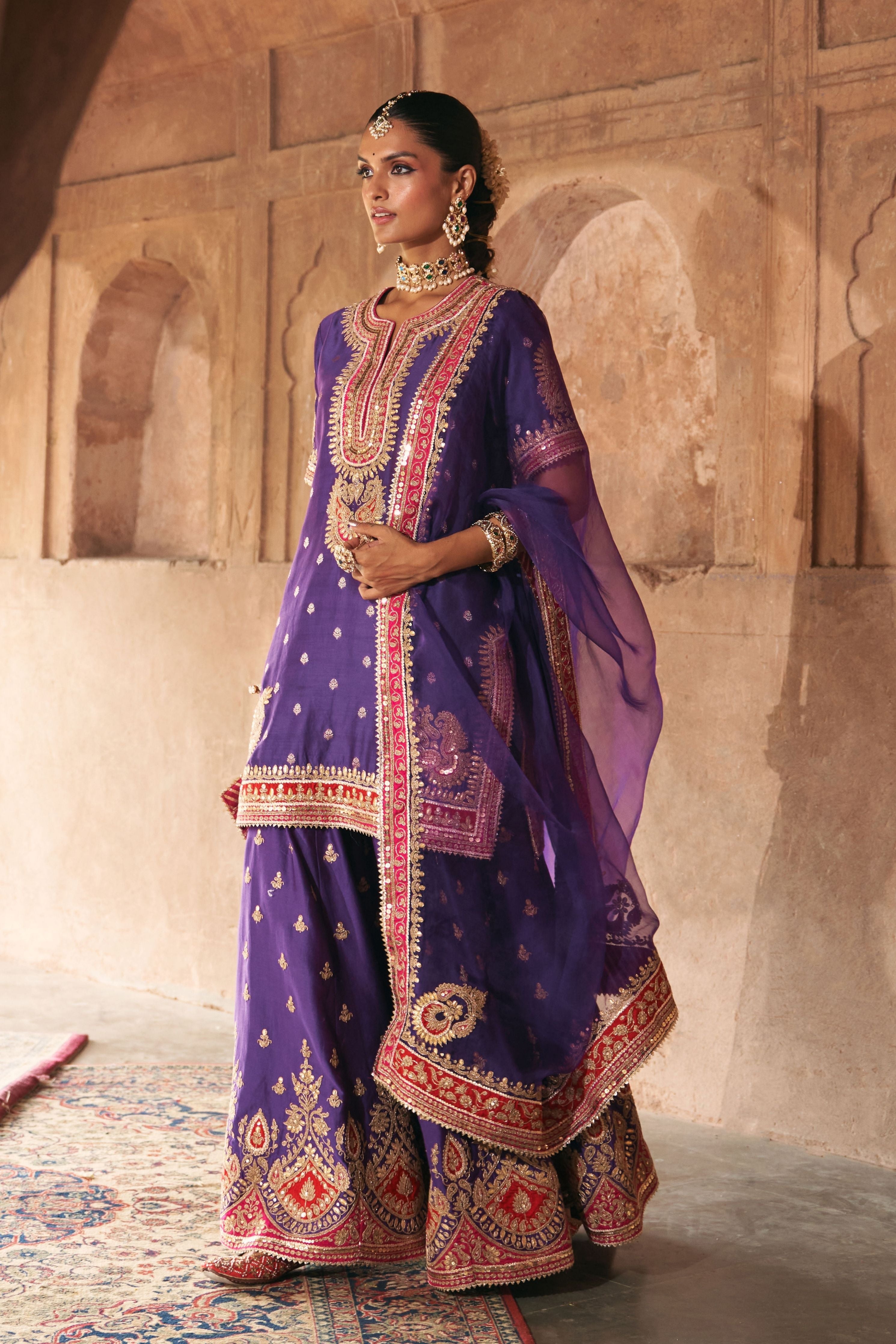 Areesha  Deep Purple Short Kurta With Sharara And Dupatta