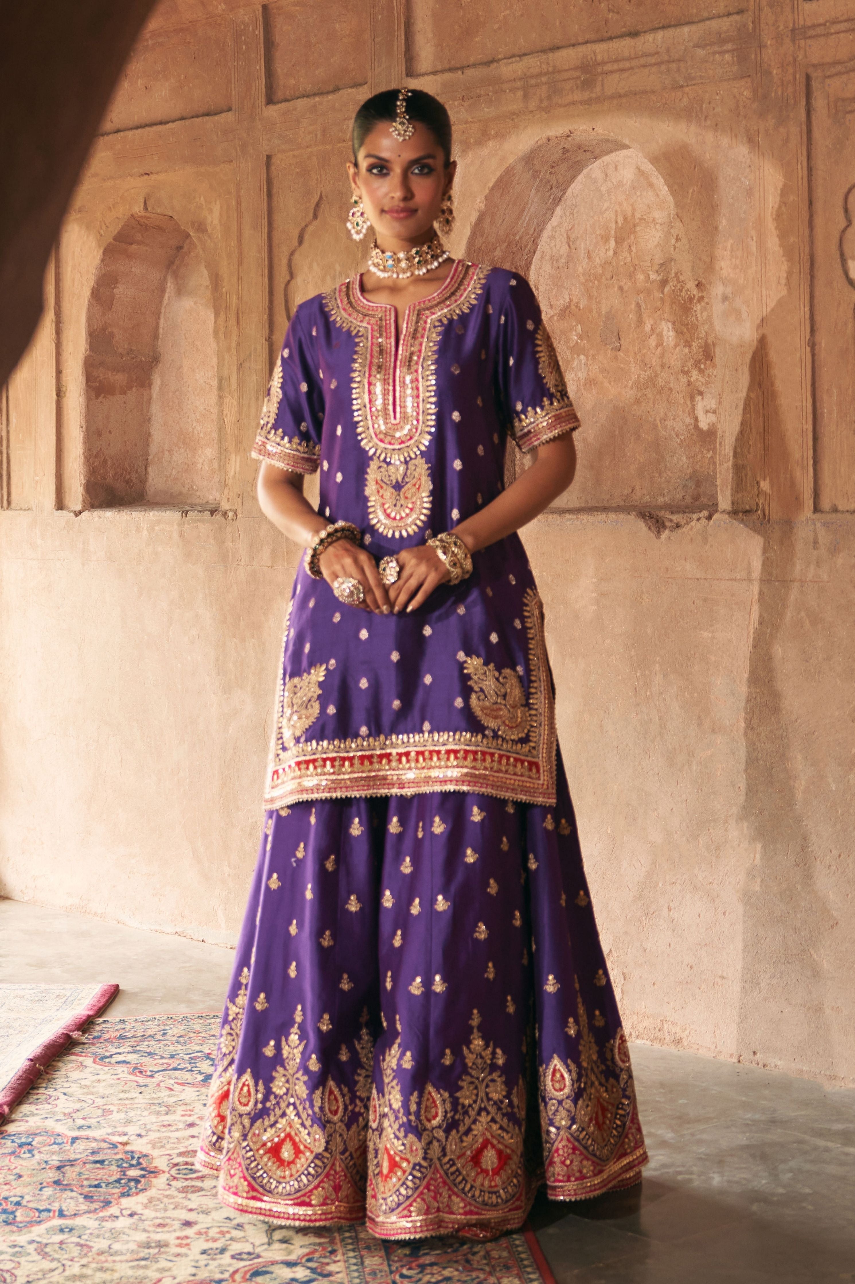 Areesha  Deep Purple Short Kurta With Sharara And Dupatta