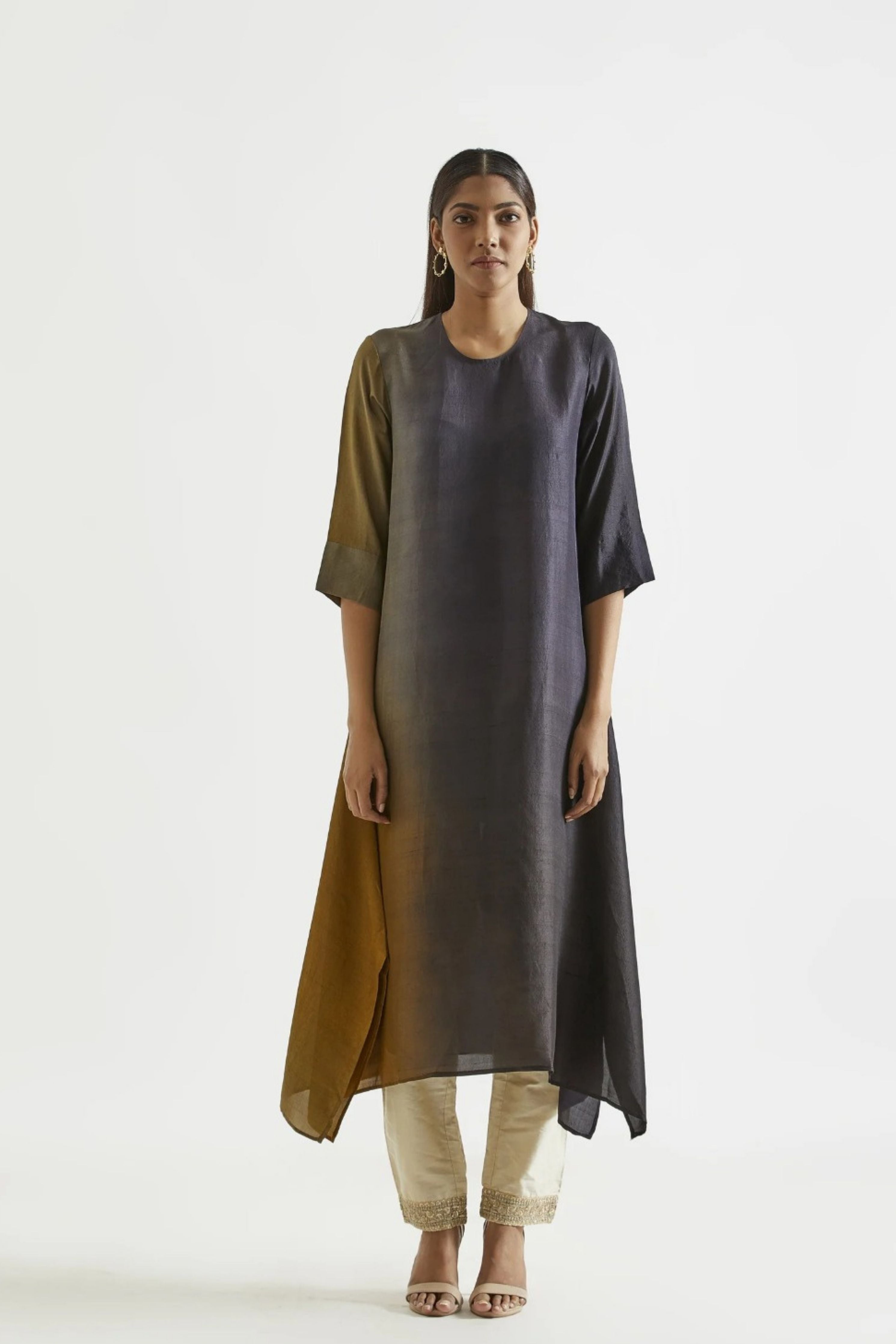 Black Olive Assyemtrical Kurta with Stole