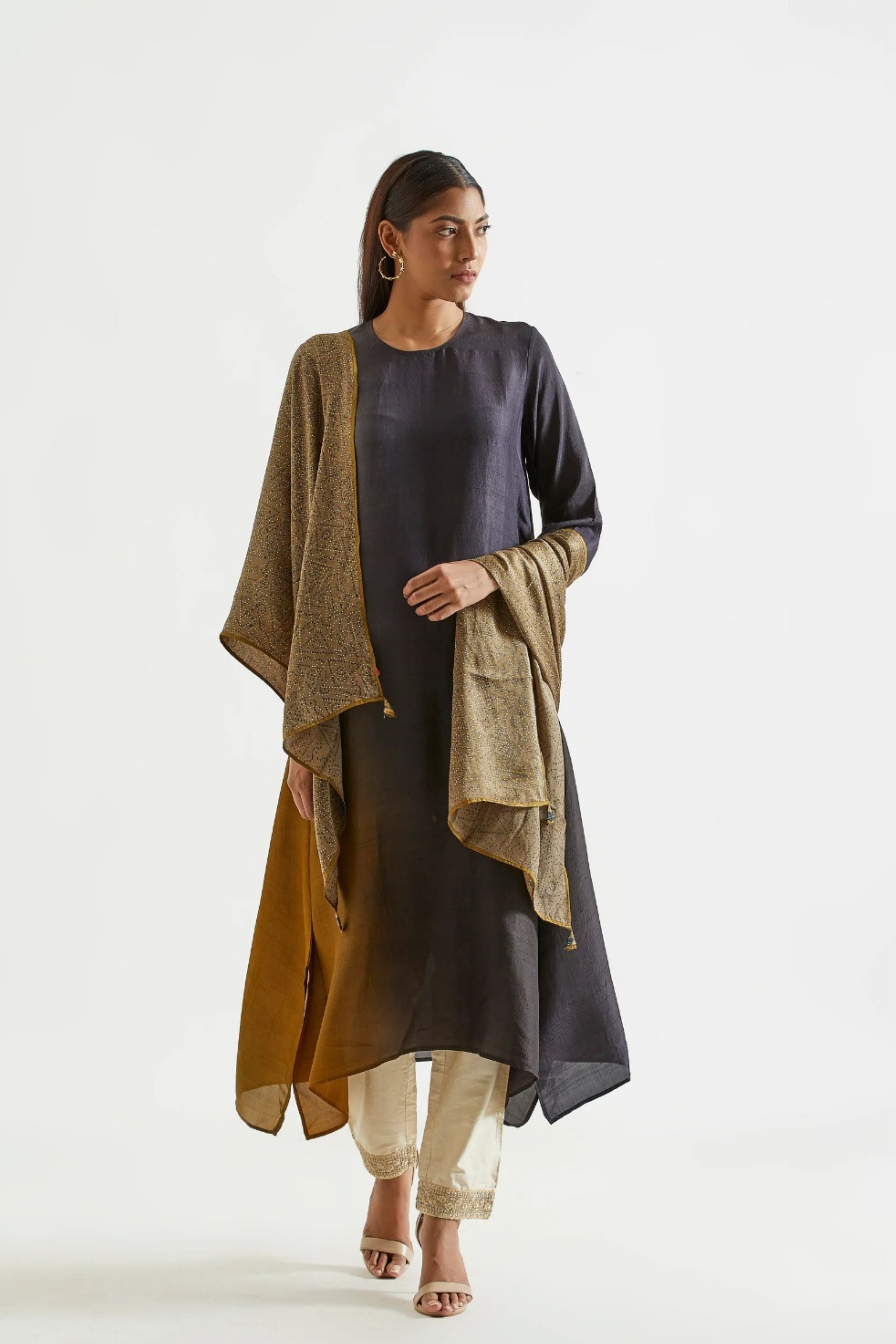 Black Olive Assyemtrical Kurta with Stole