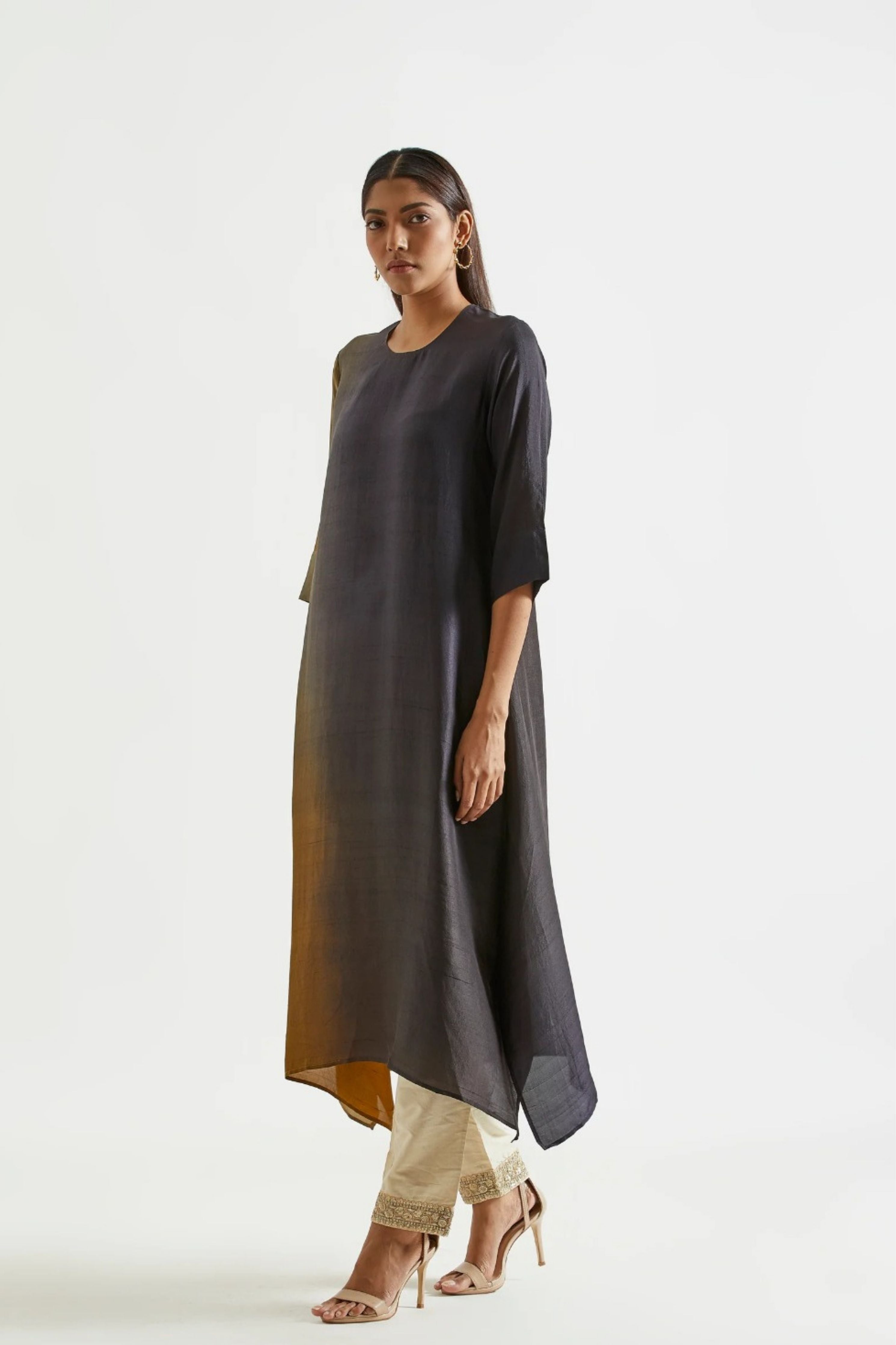 Black Olive Assyemtrical Kurta with Stole