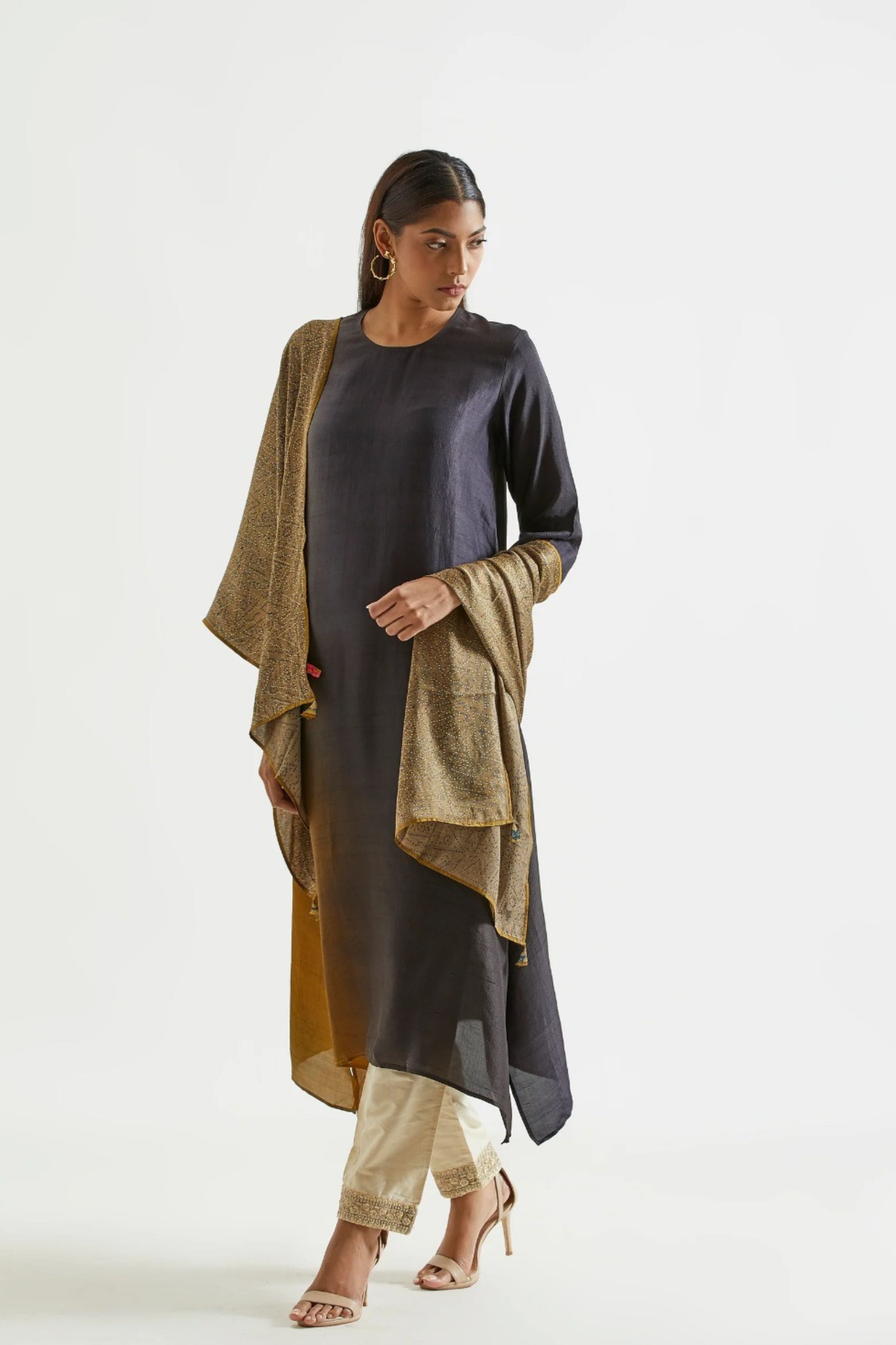 Black Olive Assyemtrical Kurta with Stole