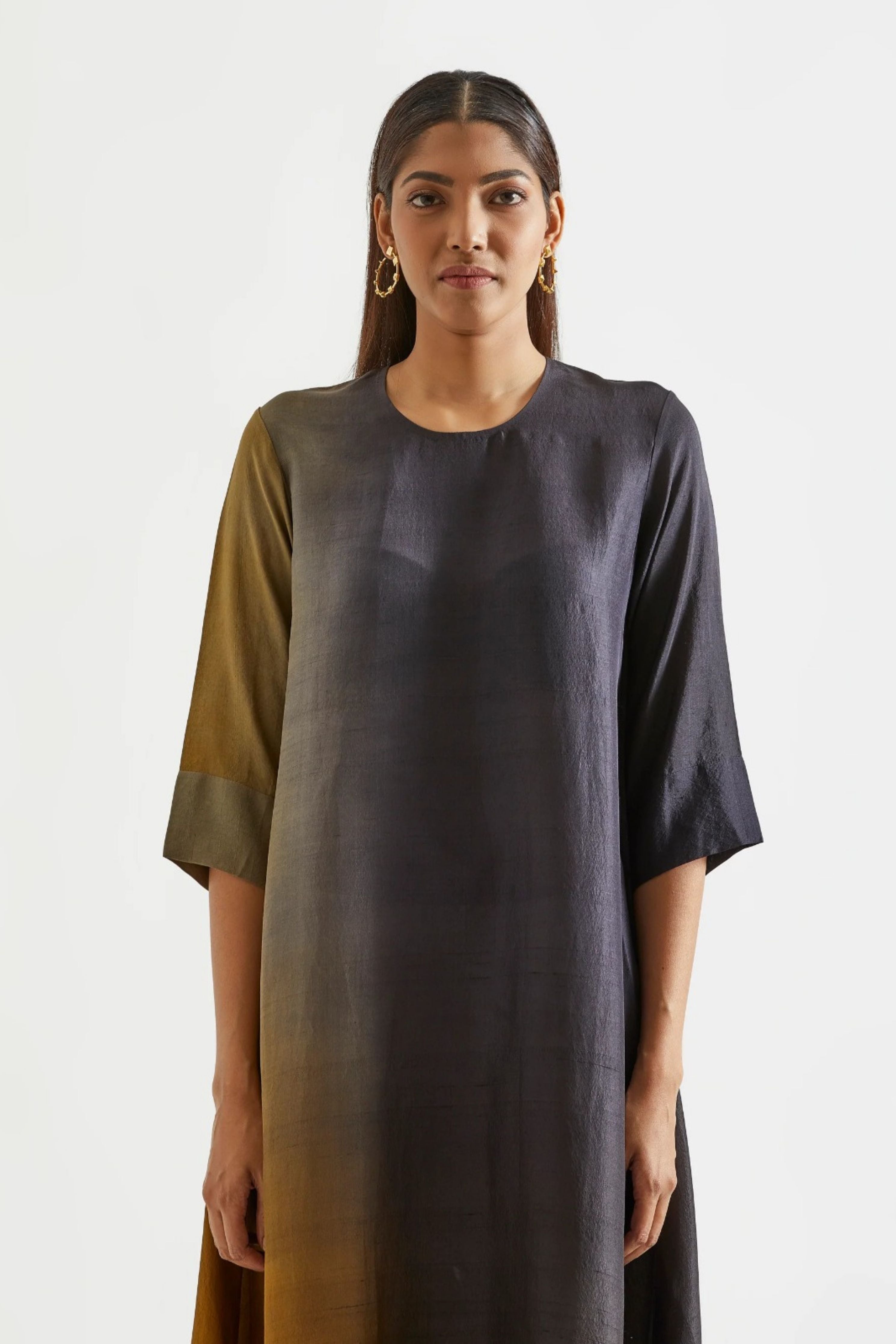 Black Olive Assyemtrical Kurta with Stole