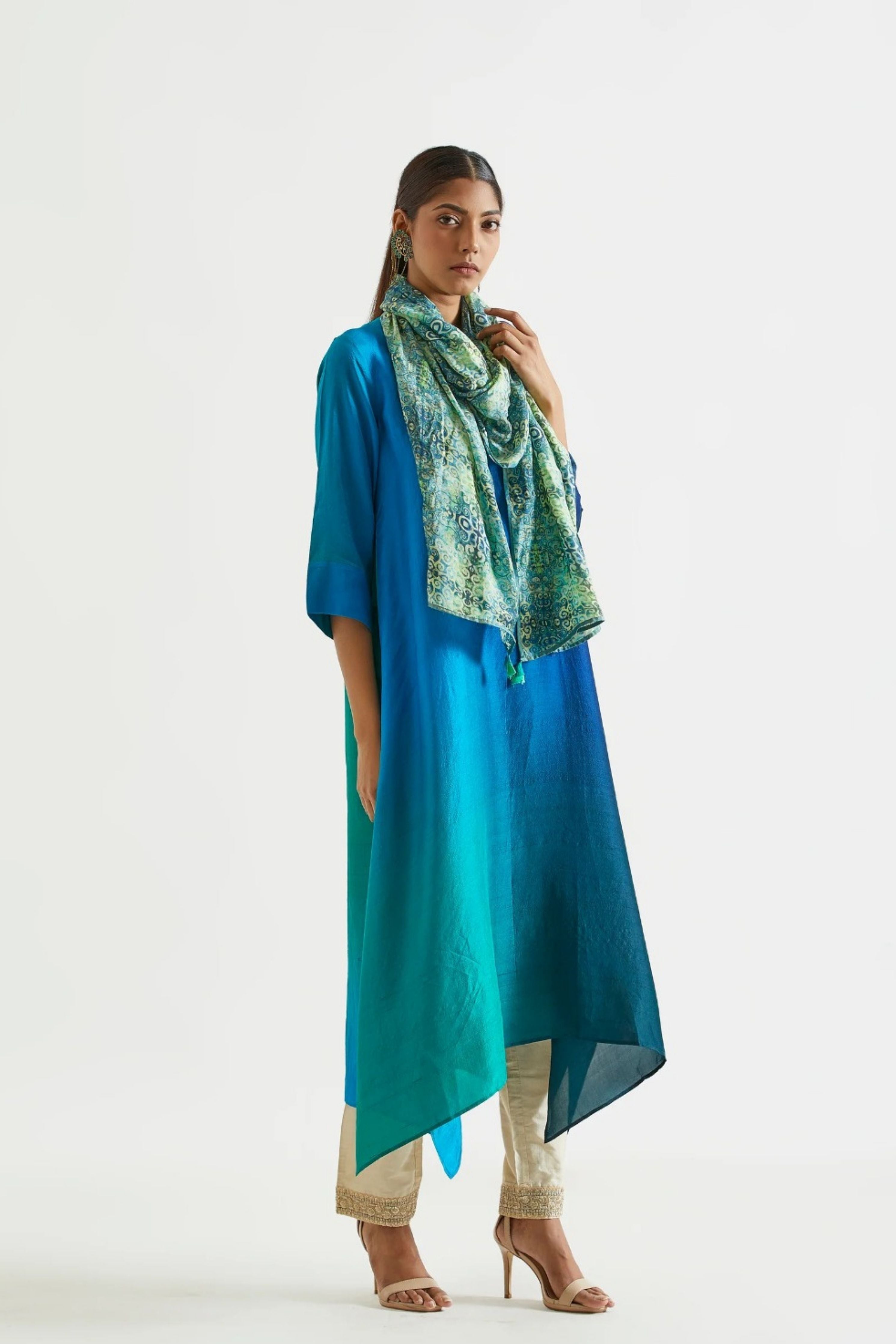 Green Blue Kurta with Stole