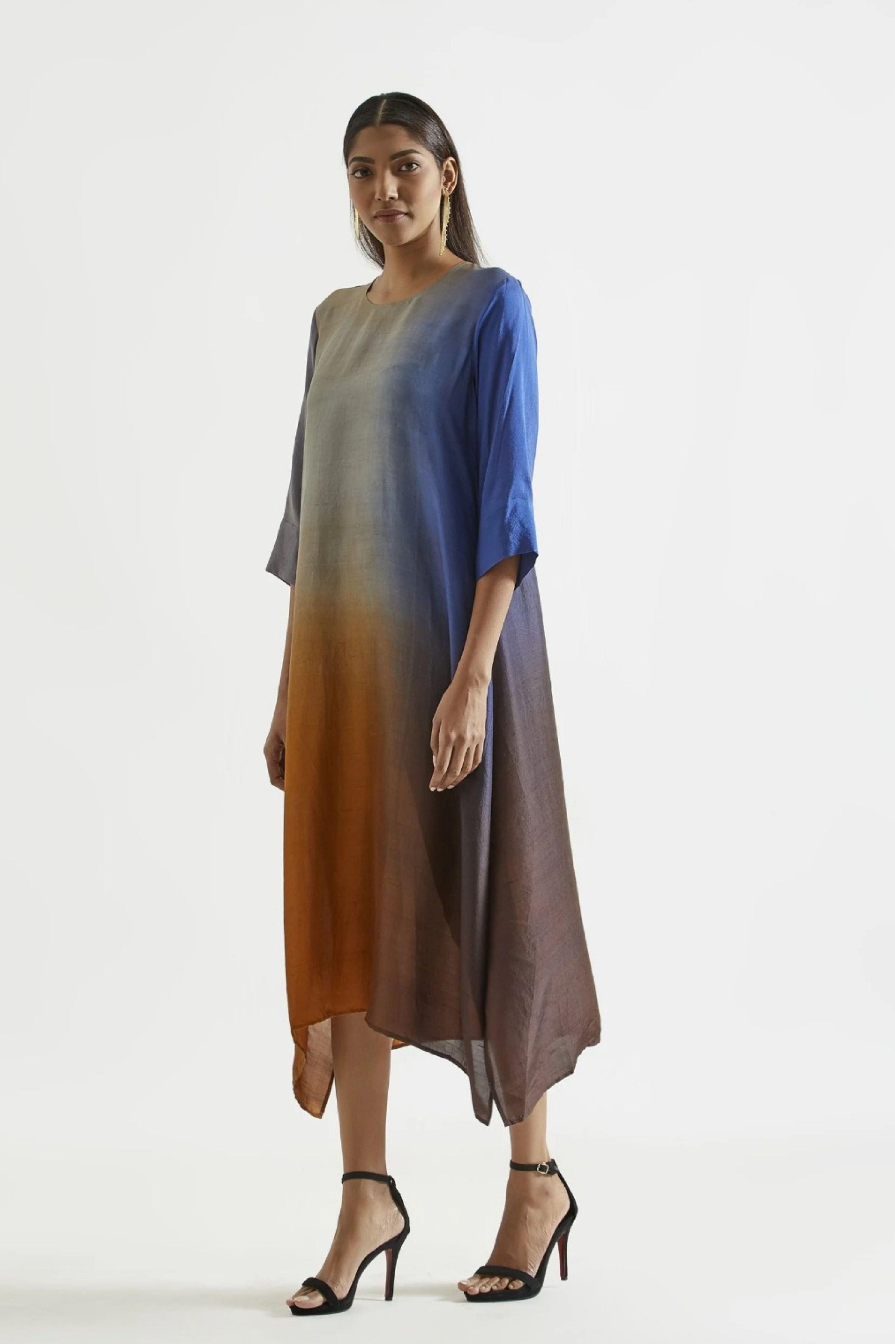 Ink Mustard Assyemtrical Ombre Kurta with Stole
