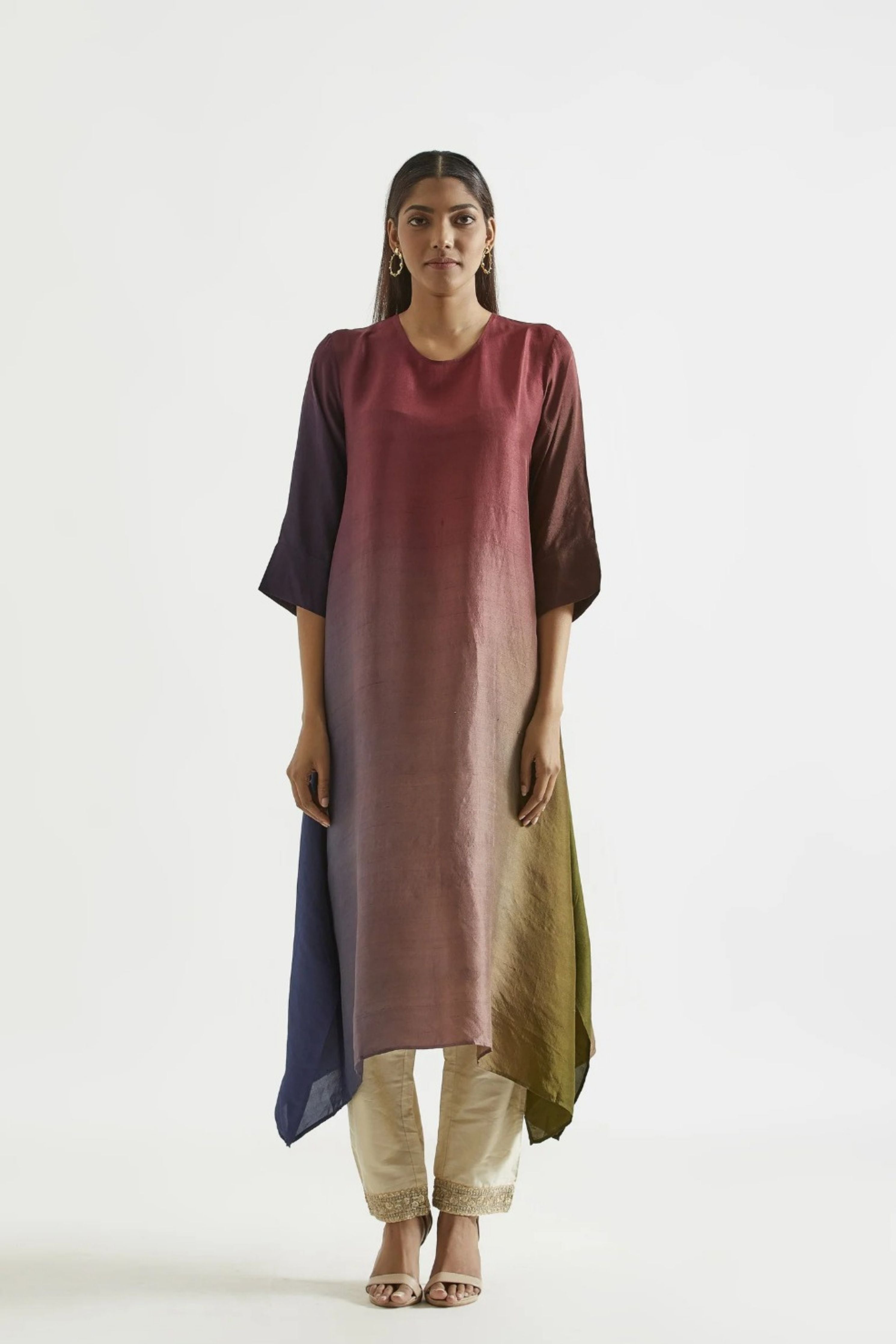 Olive Assyemtrical Kurta with Stole